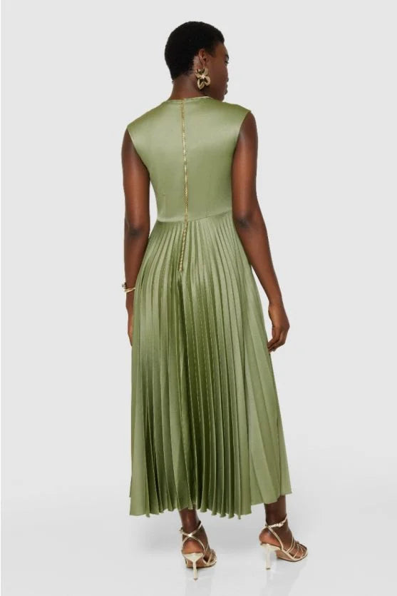 Leah Pleated Twist Dress in Olive Green - Elegant Women's Midi Dress for Casual Outings, Office Wear & Special Occasions