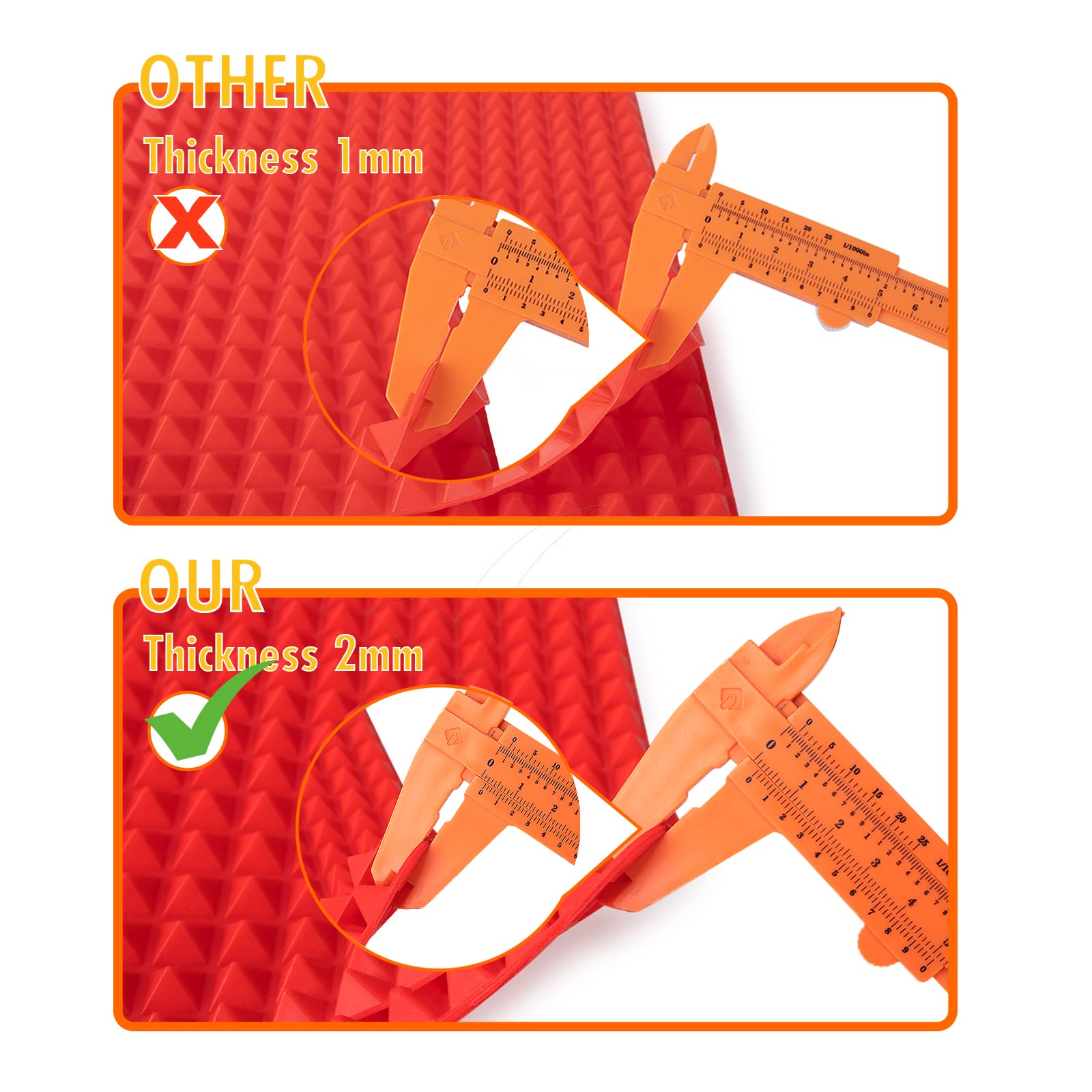 Non-Stick Silicone Baking Mat Set (2 Pack) - Red Pyramid Design for Oven, Microwave & BBQ - 16