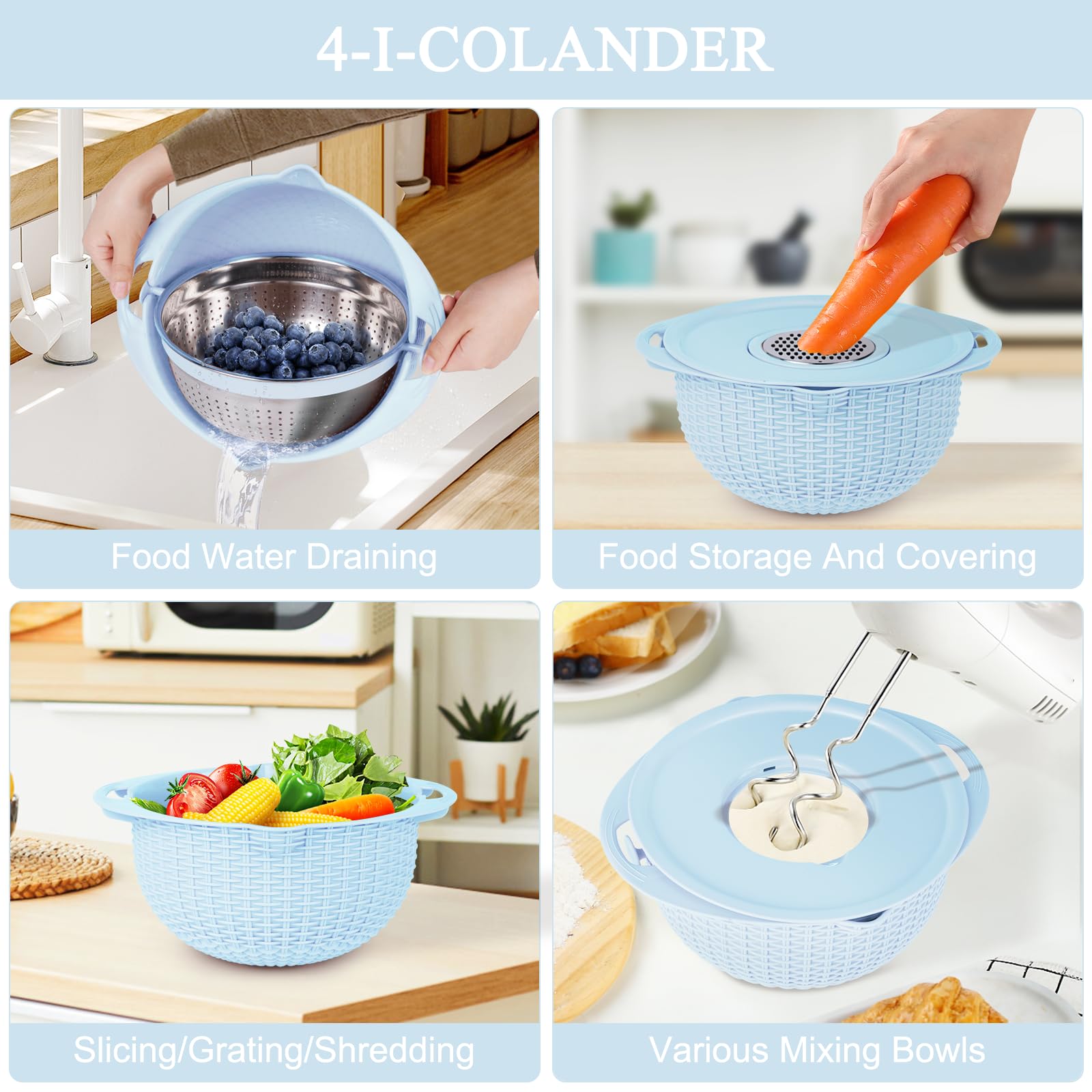 4-in-1 Rotating Colander and Mixing Bowl Set - Kitchen Strainer for Pasta, Rice, Fruits & Vegetables - Durable Food Wash Basket with Handle - Perfect for Meal Prep, Cooking & Washing Produce (Blue)