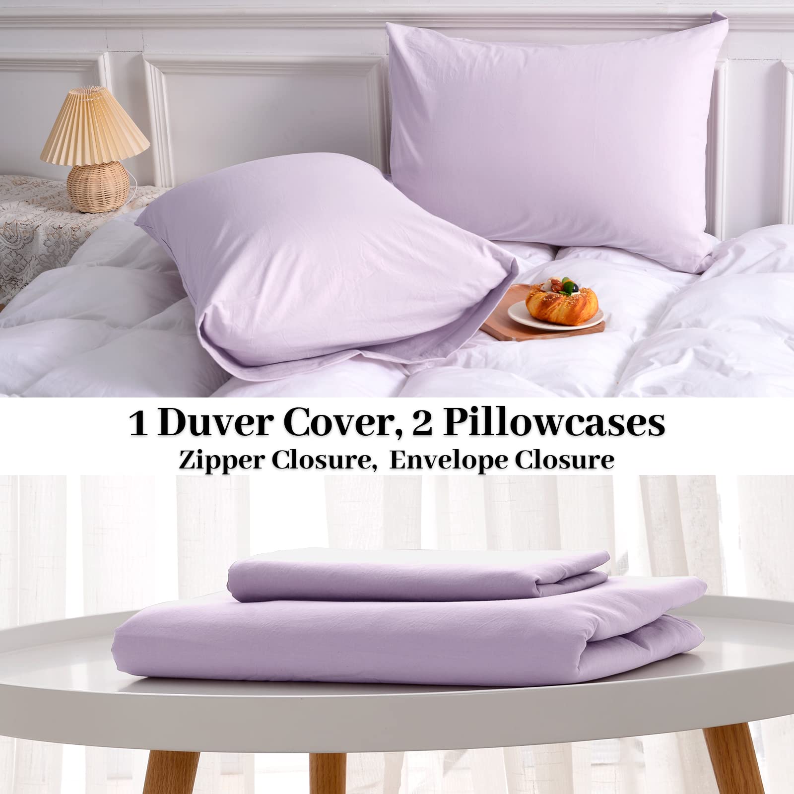 NEXHOME PRO Kids Twin Size Duvet Cover Set - 100% Organic Washed Cotton, Linen Feel, Breathable with Zipper Closure - 2 Piece Bedding Set in Purple Lavender Lilac (No Comforter Included) | Perfect for Children's Bedrooms, Sleepovers & Cozy Nursery Decor