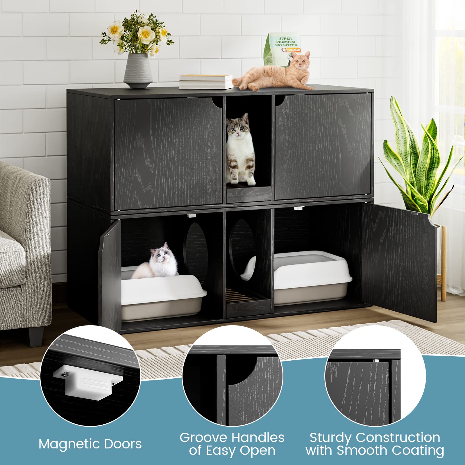 Modern Wooden Cat Litter Box Enclosure for 2 Cats - Stackable Large Cat Washroom Storage Cabinet with Removable Litter Box, Bench End Table Furniture in Black - Perfect for Small Spaces & Multi-Cat Homes