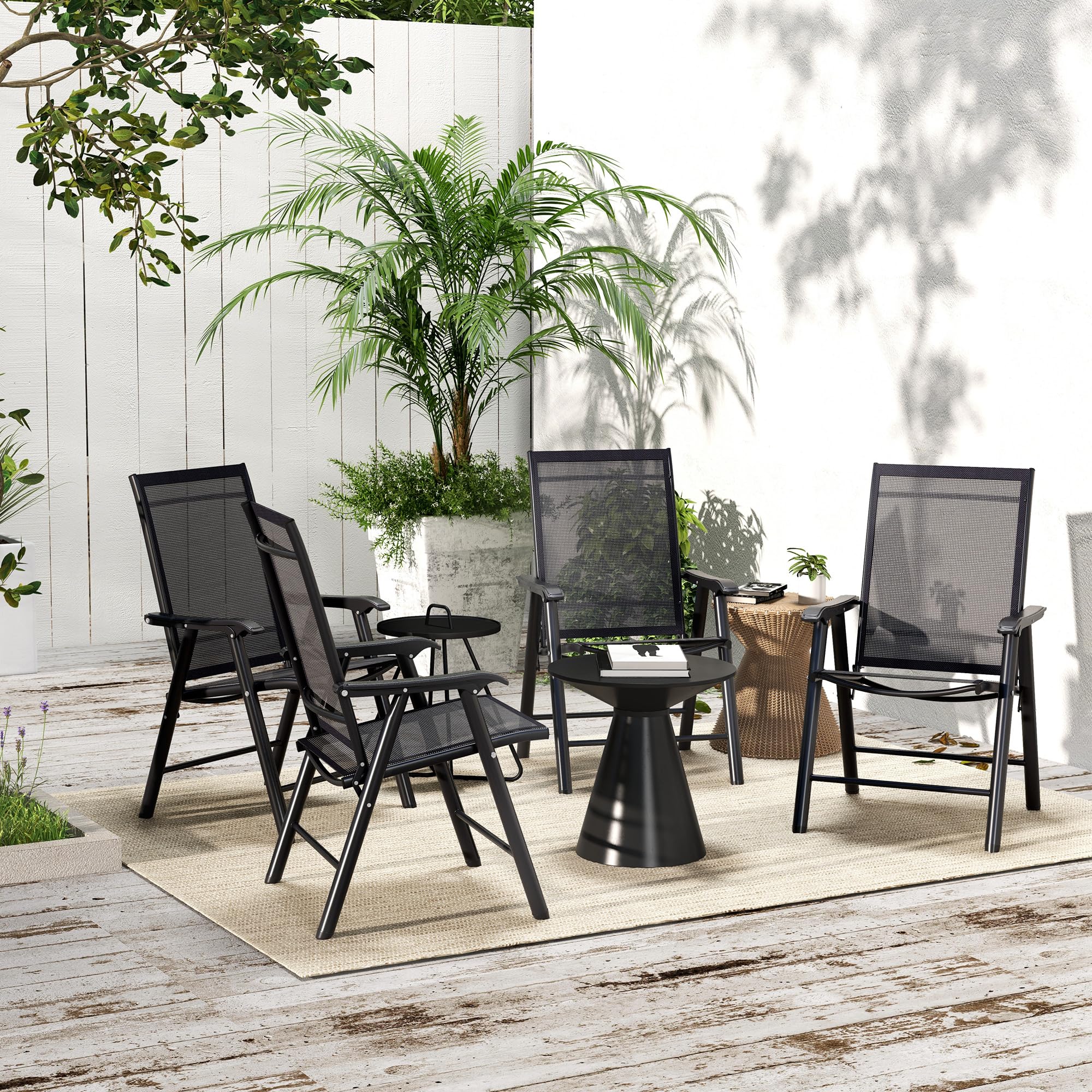 Outsunny 4-Piece Stackable Folding Patio Chairs Set - Black Metal Frame Outdoor Dining Chairs with Armrests for Lawn, Camping, Beach & Backyard - No Assembly Required | Perfect for BBQs, Poolside Lounging & Garden Parties
