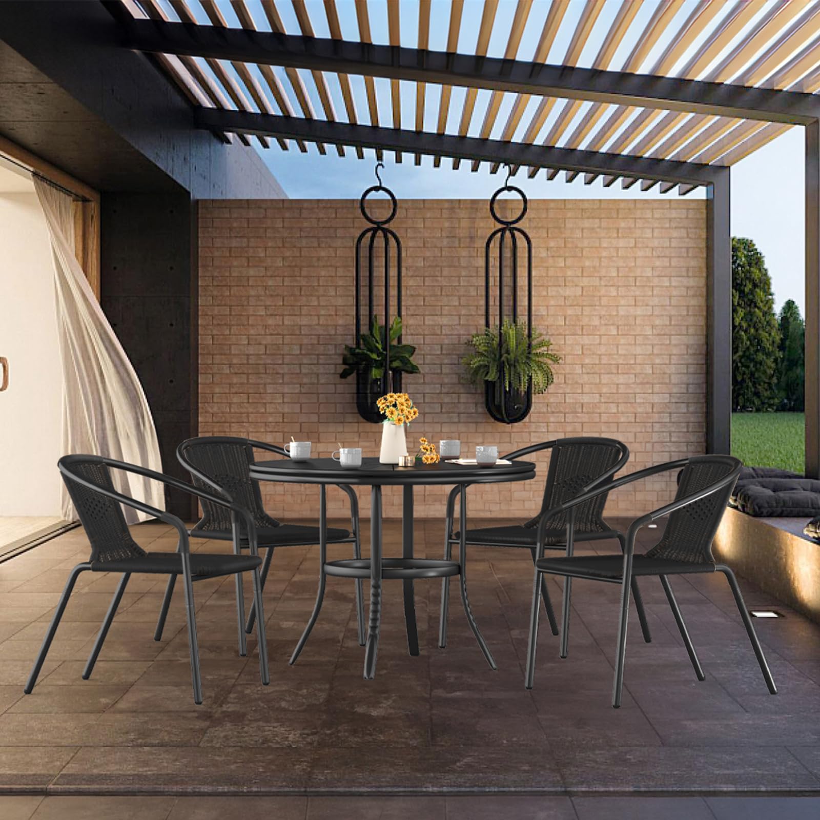 Amopatio 6-Piece Outdoor Dining Chairs Set - Black Rattan Wicker Stackable Patio Chairs for Bistro, Deck, Yard, Porch & Restaurant - Perfect for Outdoor Entertaining, Garden Parties & Al Fresco Dining