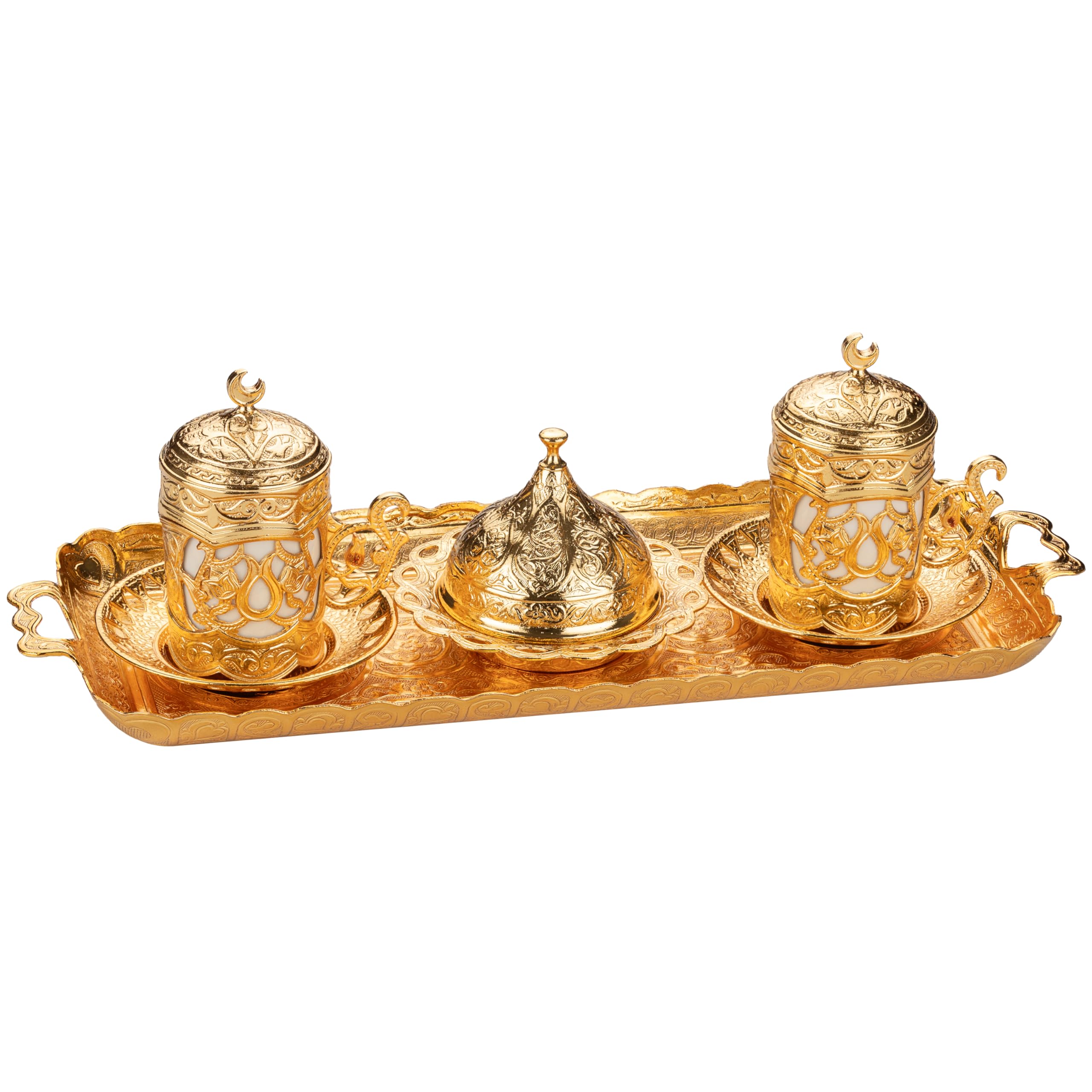 Premium Ottoman Turkish Greek Arabic Espresso Coffee Cups with Saucer and Lid - Set of 2, Gold Hilal Design - Perfect for Middle Eastern Coffee Ceremonies, Home Decor & Gift Giving