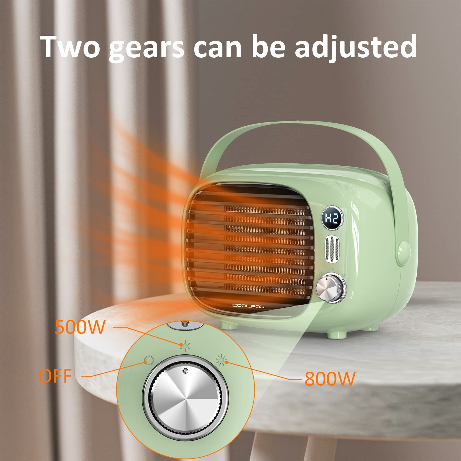 Fast Heating 800W/500W Ceramic Space Heater with Adjustable Thermostat - Quiet & Safe Portable Desk Heater for Home, Bedroom, Office | Indoor Heating Solution for Winter, Workspace & Personal Comfort (Green)