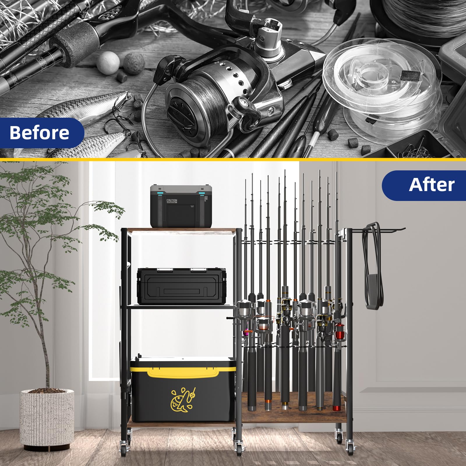 Premium Fishing Rod Holders & Tackle Cart - Heavy Duty Fishing Gear Organizer for Garage, Boat & Kayak - Fits 1.57