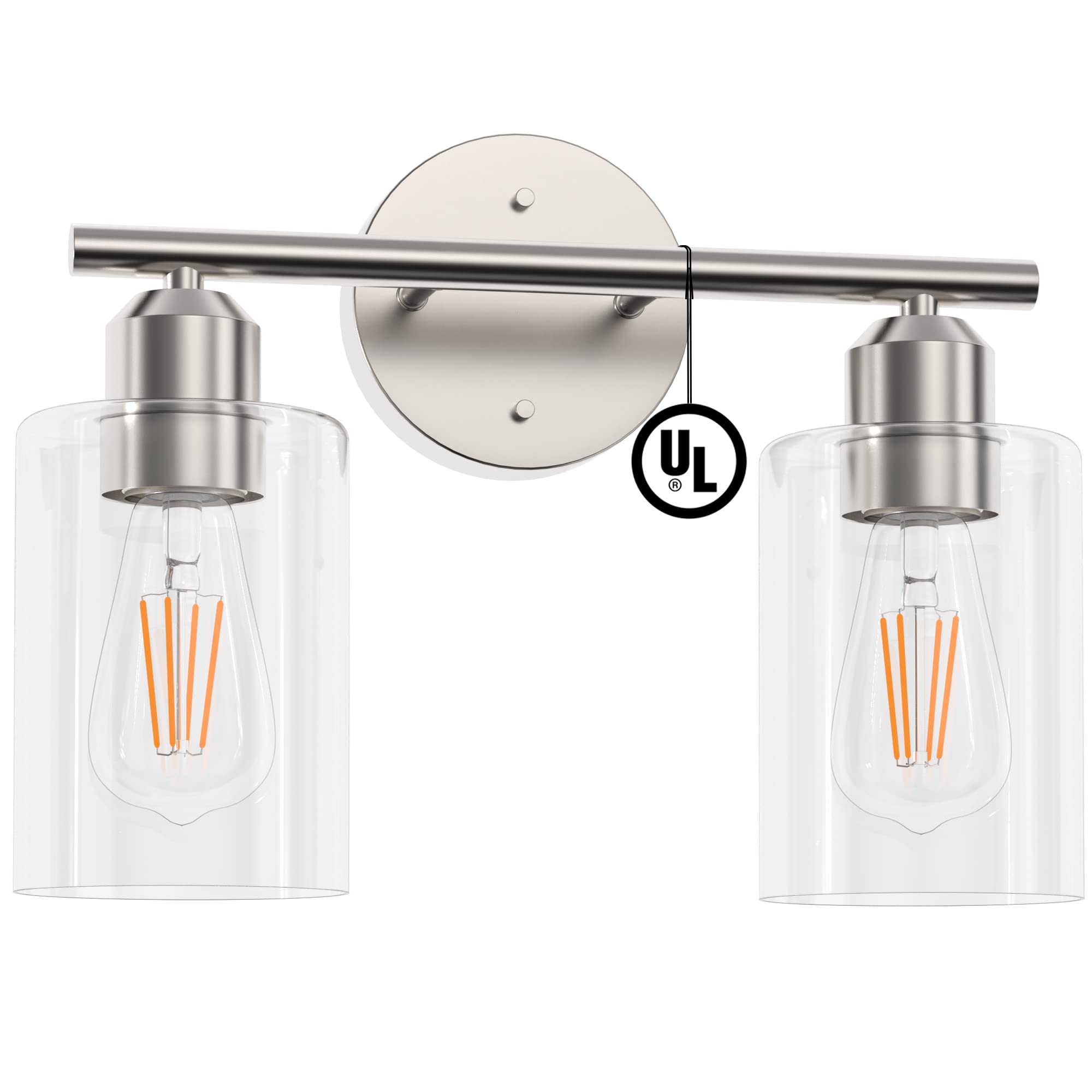 Modern Brushed Nickel Bathroom Vanity Light - 2 Lights, UL Certified for Mirror Lighting