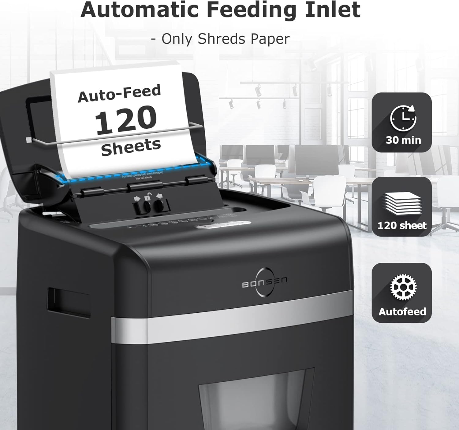 BONSEN 120 Sheet Auto Feed Paper Shredder - High Security Micro Cut Shredder for Home & Office Use, 30 Minute Run Time, P-4 Security Level, 6 Gallon Bin (S3110) - Perfect for Confidential Document Destruction & Office Organization