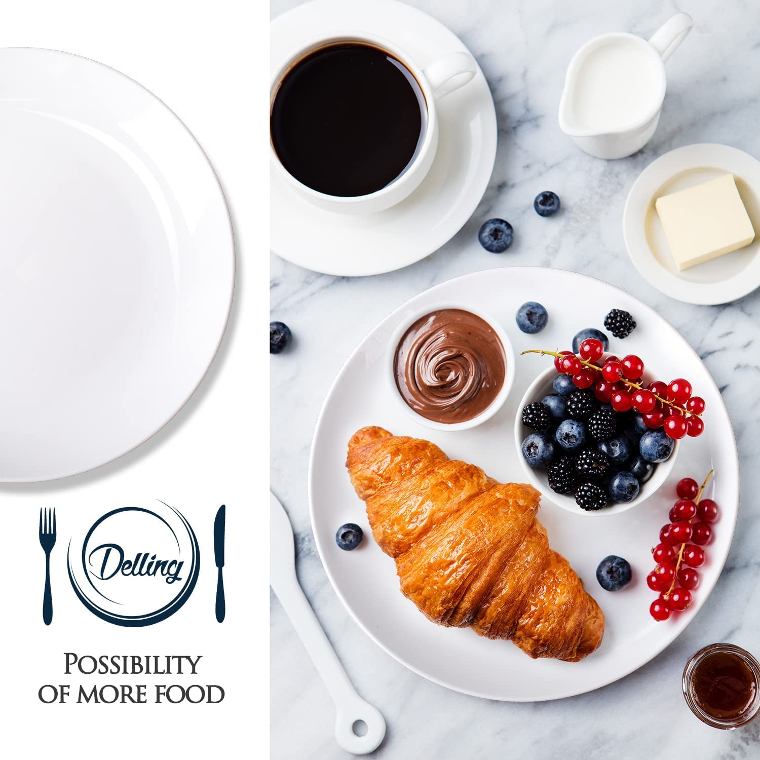 Delling 10-Inch Ceramic Dinner Plates Set of 6 - Microwave, Oven & Dishwasher Safe, Scratch-Resistant White Dinnerware - Modern Kitchen Serving Dishes for Everyday Meals, Parties & Restaurant Use