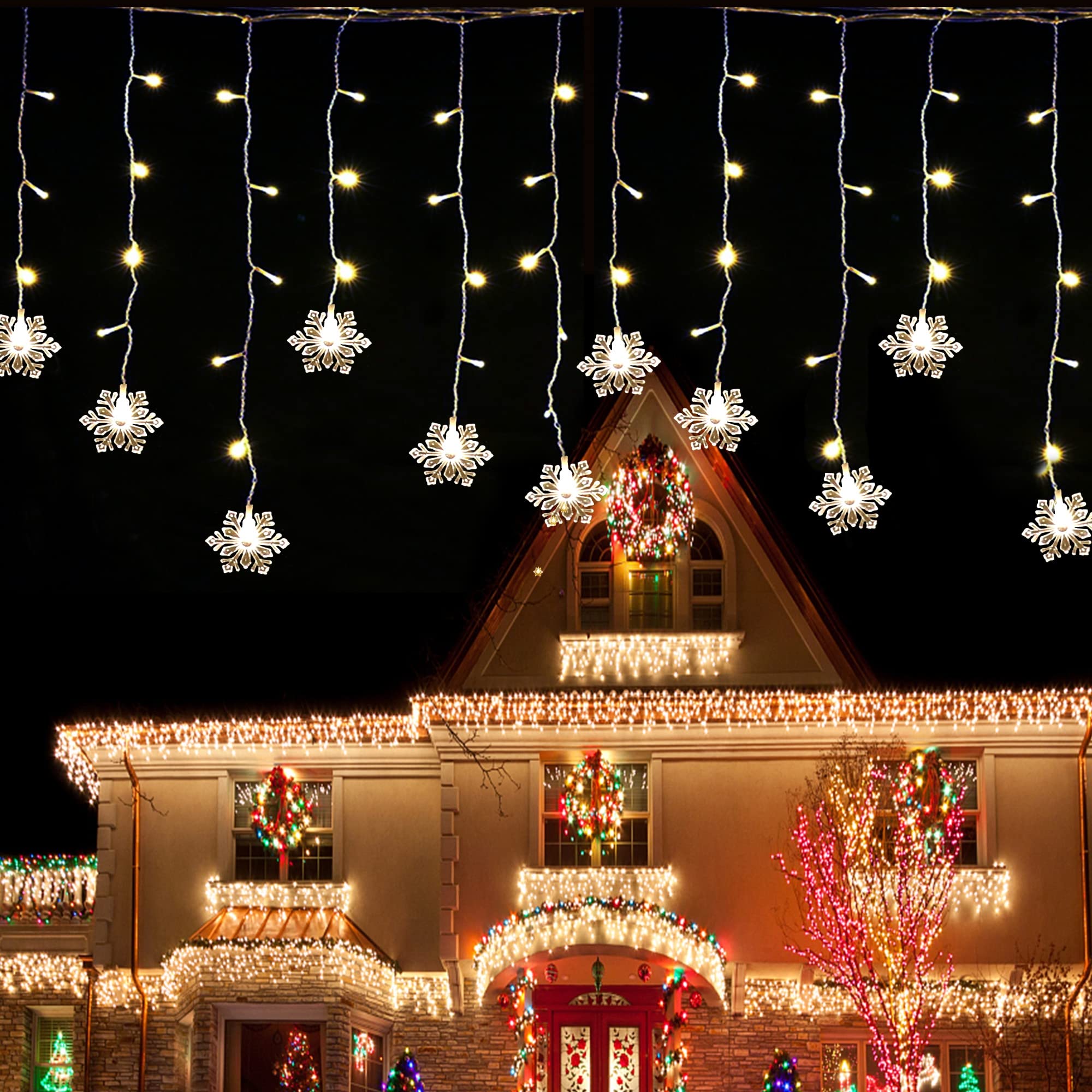 150 LED Icicle Lights with Snowflake - 8 Twinkle Modes Curtain Fairy Lights for Outdoor Christmas, Holiday, Wedding, Party, Garden, Porch, and Indoor Home Decoration (Warm White)