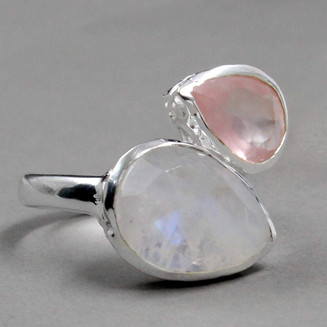 925 Silver Moonstone & Rose Quartz Front Open Ring - Unisex Anniversary & Valentine's Gift for Her/Him, Bridesmaid Jewelry - Perfect for Weddings, Proposals & Romantic Occasions
