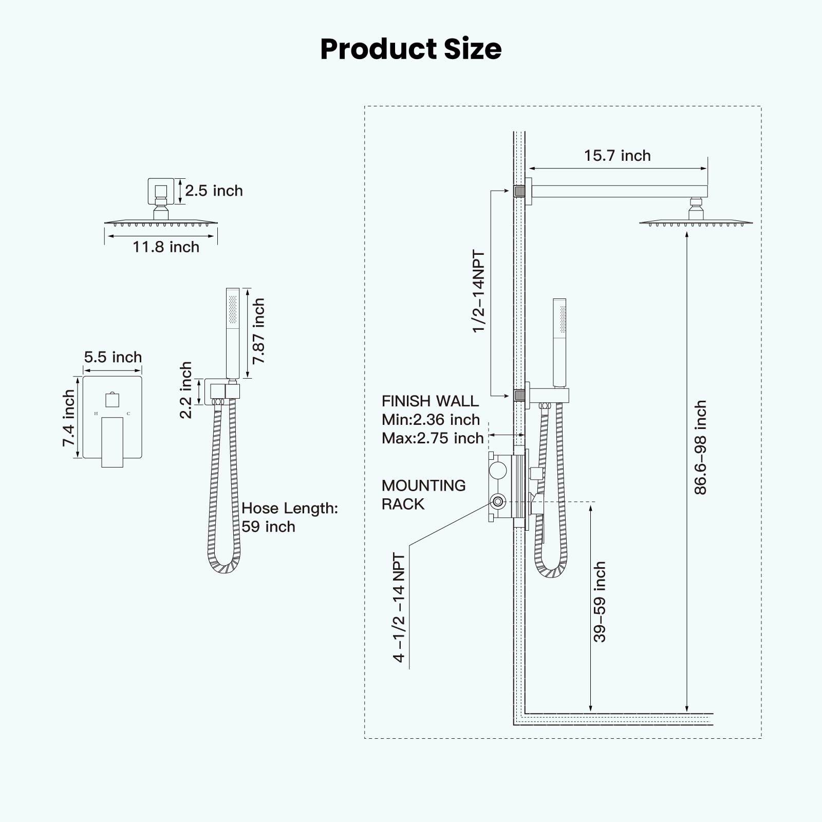 Gotonovo 12 Inch Square Chrome Polished Shower Faucet Set - Wall Mount Rainfall Shower System with 2-in-1 Cylindrical Handheld Shower & Rough-in Valve | Modern Bathroom Upgrade for Spa-Like Experience