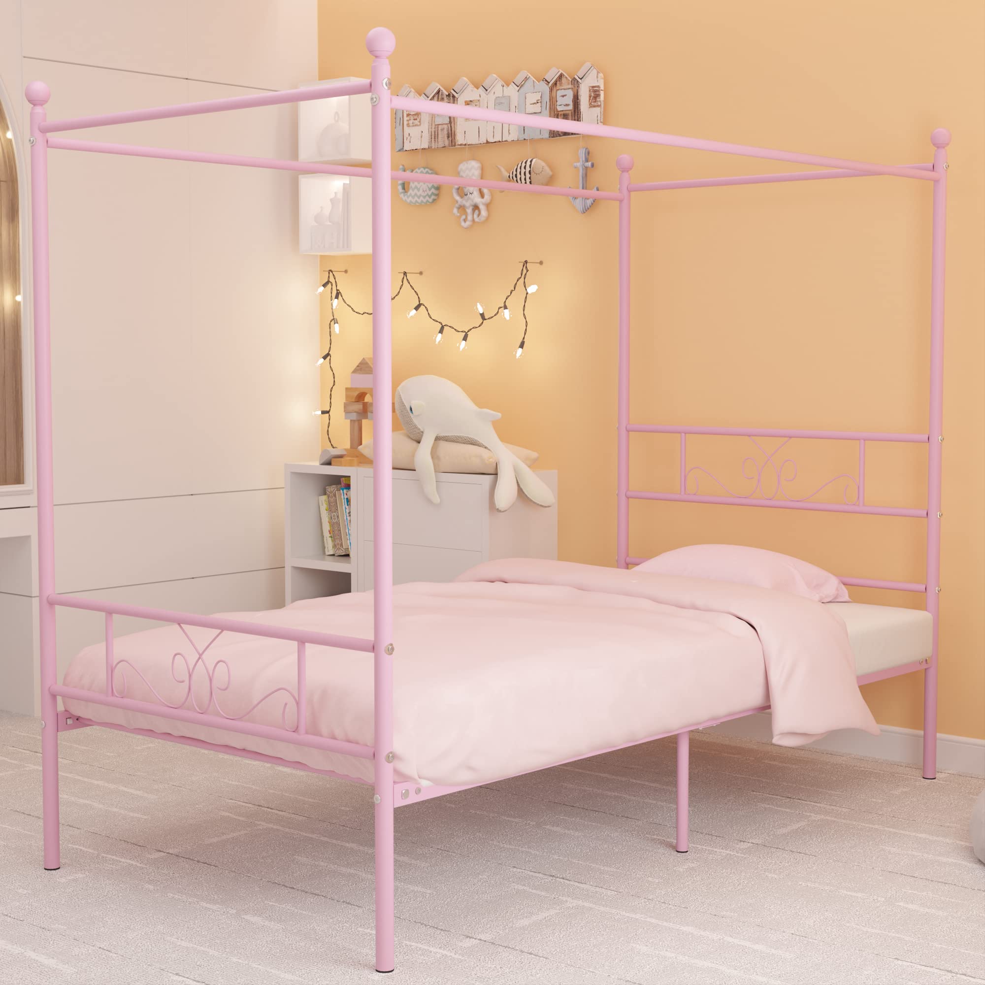 Weehom Twin Canopy Bed Frame with Headboard and Footboard - 4 Poster Metal Bed Frame for Kids & Adults - No Box Spring Needed - Sturdy Mattress Foundation Platform Bed in Pink - Perfect for Bedrooms, Guest Rooms & Dorm Decor