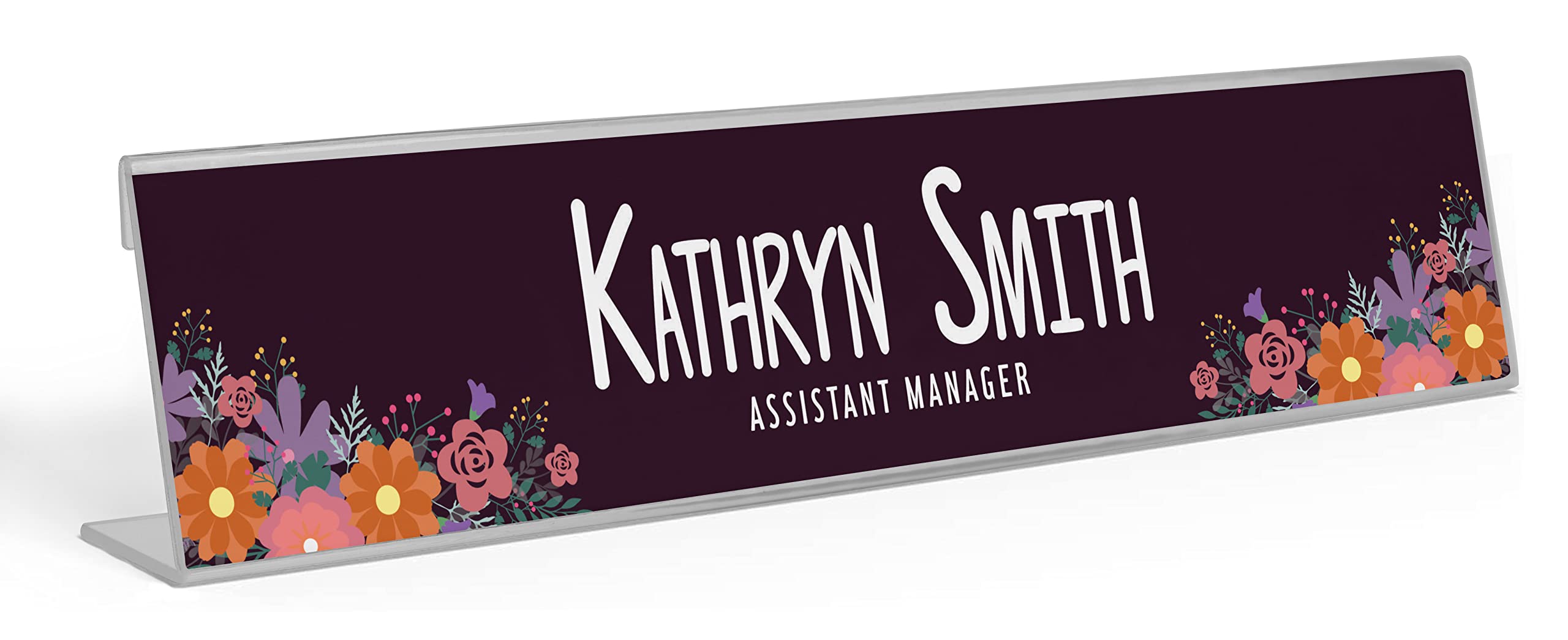 Personalized Acrylic Desk Name Plate - Custom Floral Office Name Sign (2x10 Inches) | Perfect for Workstations, Reception Desks & Home Office Decor