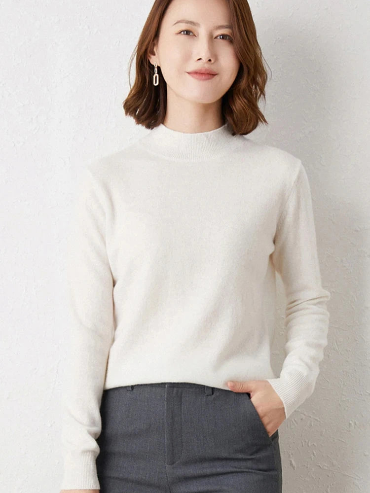 Premium Solid Half High Collar Cashmere Sweater for Women - Soft & Warm Winter Pullover - Perfect for Office, Dating & Holiday Outfits