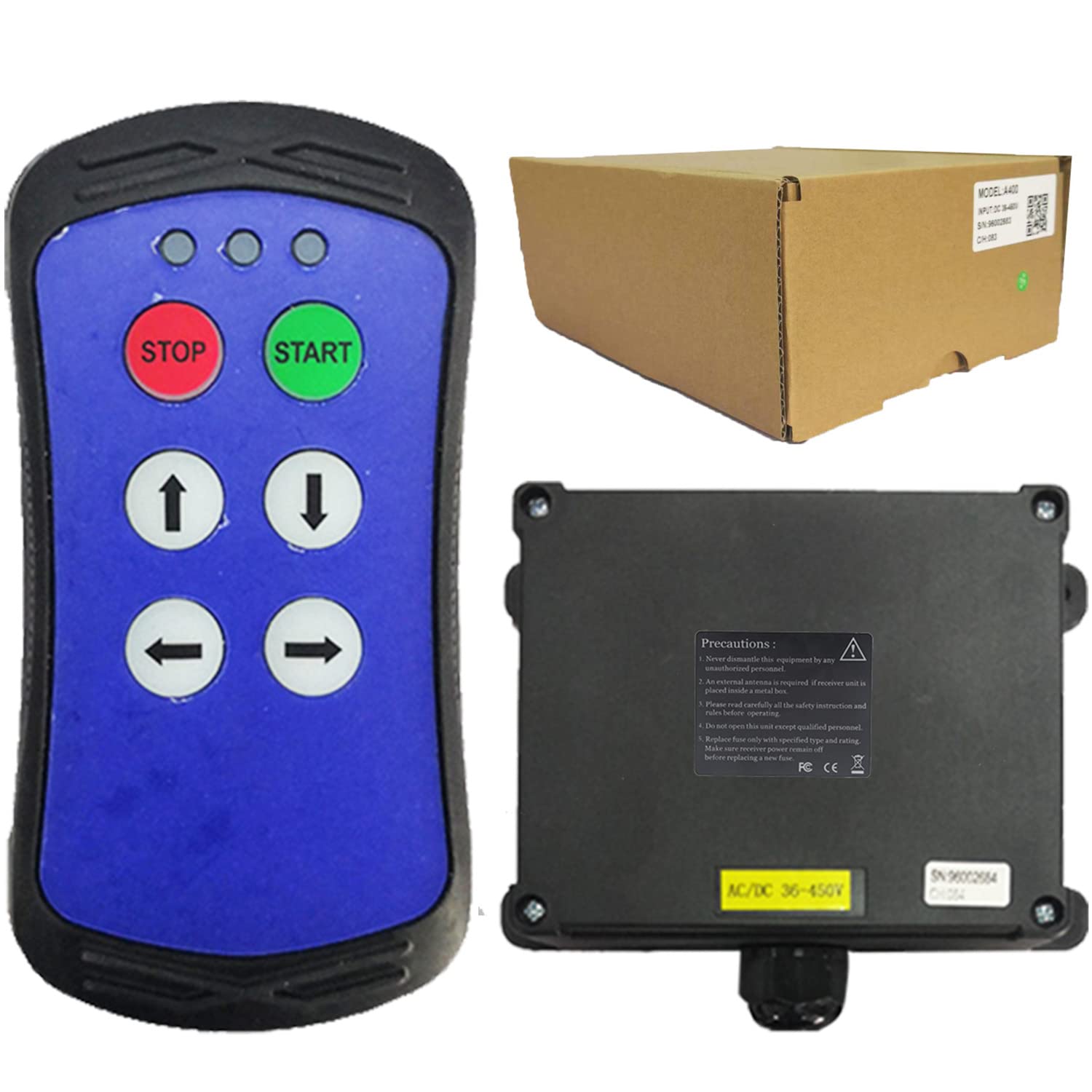 **A400 Industrial Wireless Remote Control for Crane Hoist & Truck Tailgate - 4 Button Transmitter & Receiver - 110V/220V/380V (AC/DC 36-460V) - Ideal for Construction, Warehousing & Heavy Equipment Operations**
