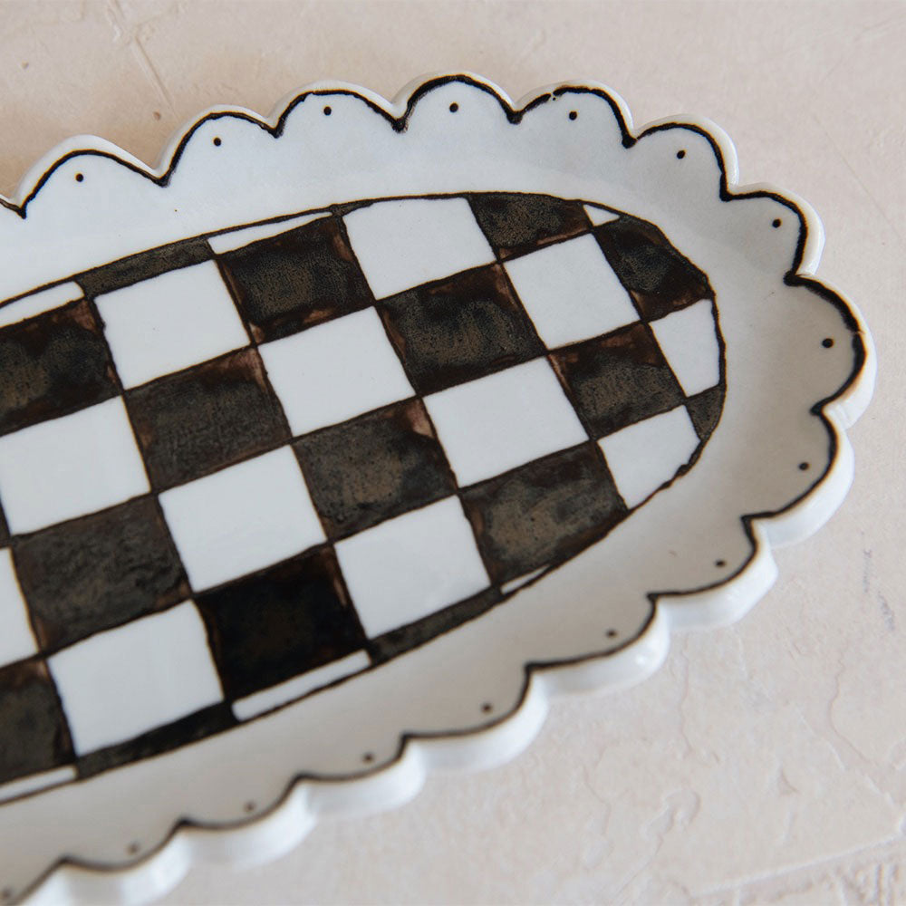 Hand-Painted Ceramic Checkered Tray - Decorative Serving Tray for Coffee, Tea, and Breakfast - Perfect for Home Decor and Gift Giving