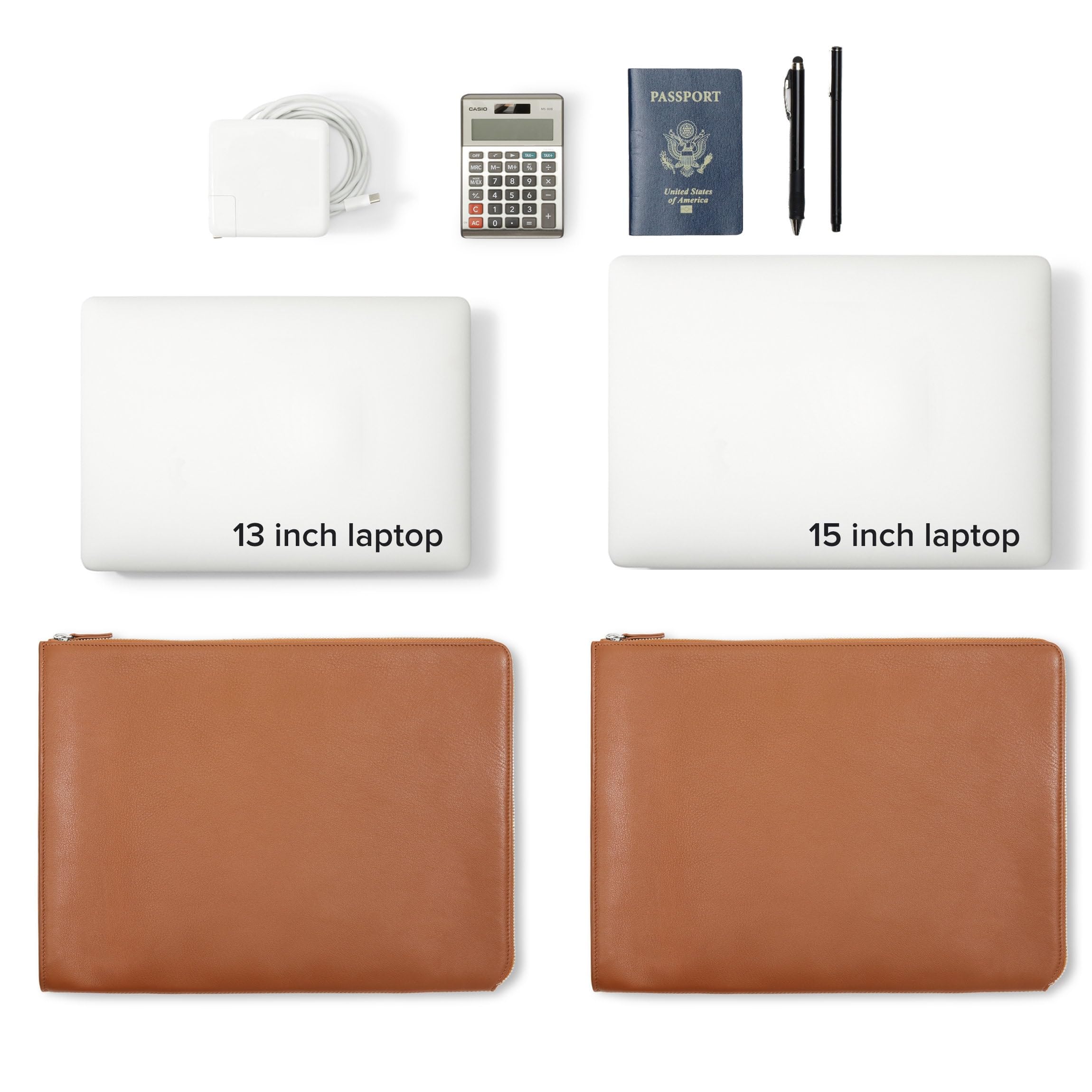 Premium Cognac Leather Zippered Document Holder with Interior Pocket for Tablet - Perfect for Business, Travel & Office Organization