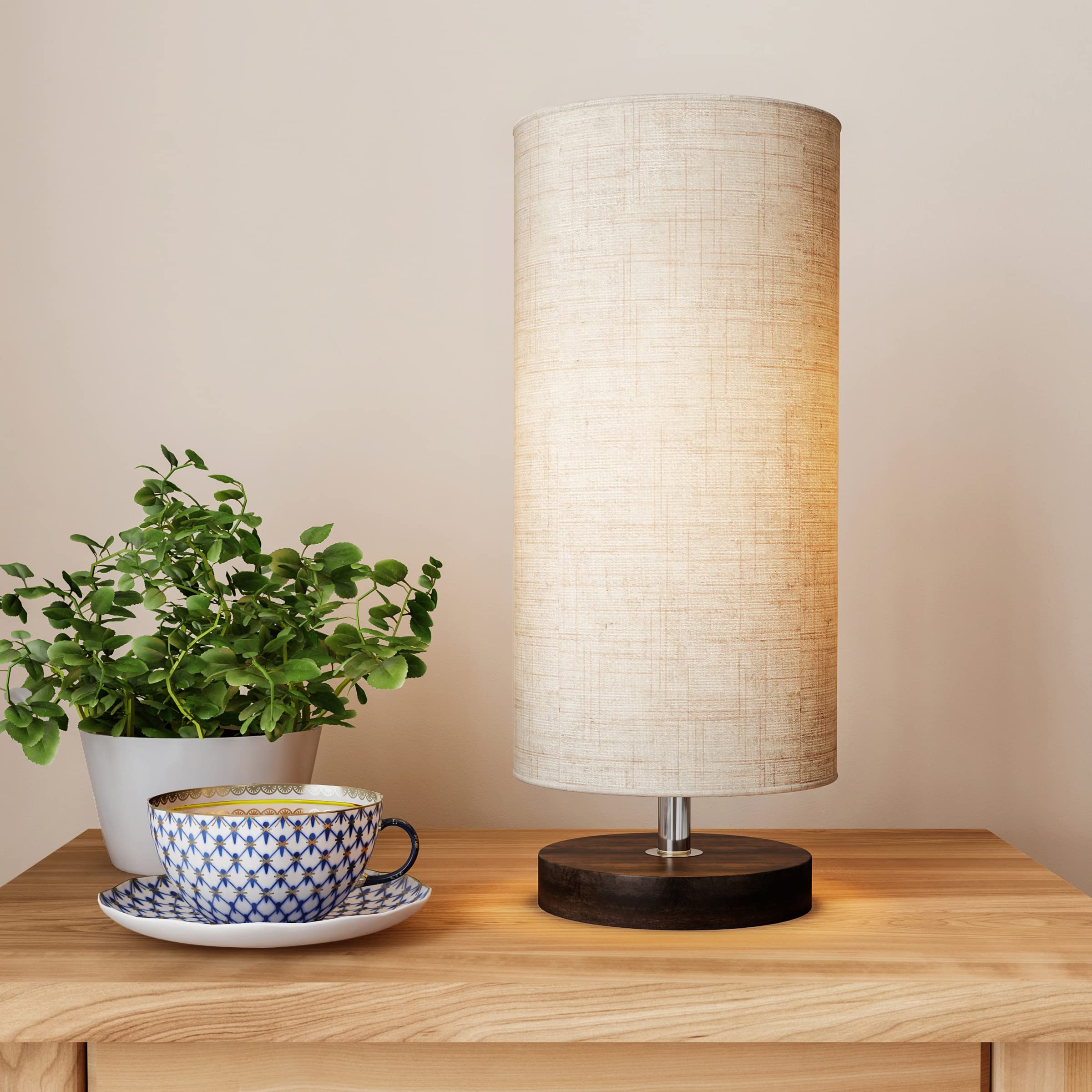 Lavish Home Small Table Lamp Set with Wood Base – Set of 2 Modern LED Cylinder Lights for Living Room, Bedroom & Home Office Decor | Warm White Lighting for Reading & Relaxing