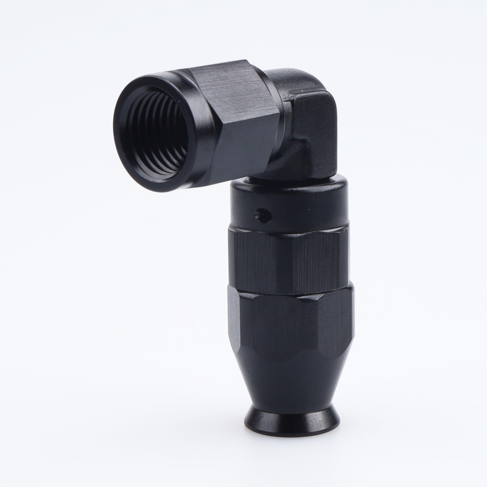 Black Aluminum -4 AN 90° Swivel Fitting for PTFE Fuel Hose - High-Performance Fuel Line Connection