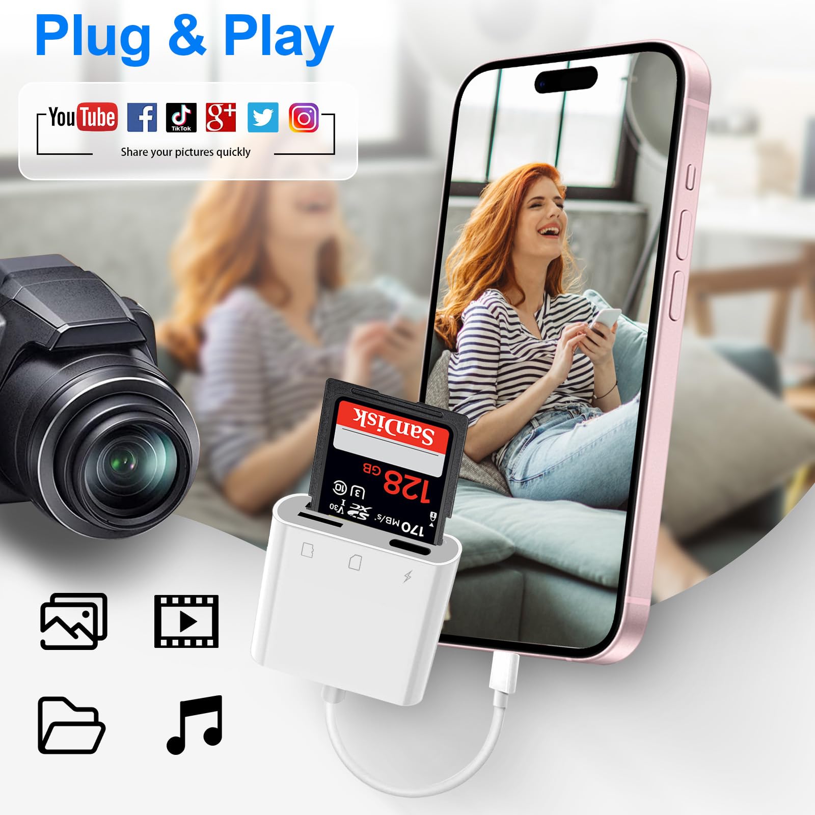Lightning SD Card Reader for iPhone & iPad - Dual Slot SD/Micro SD Memory Card Adapter with Charging Port - Perfect for Trail Cameras, Photography & File Transfer