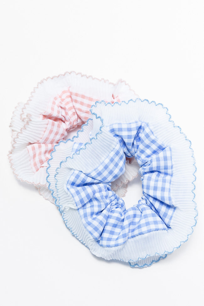 Pink and Blue Gingham Scrunchie Set - 6 Pack Hair Ties for Women & Girls - Soft Elastic Hair Accessories for Ponytails, Buns & Braids - Trendy Hair Bands for Everyday, Workout & School