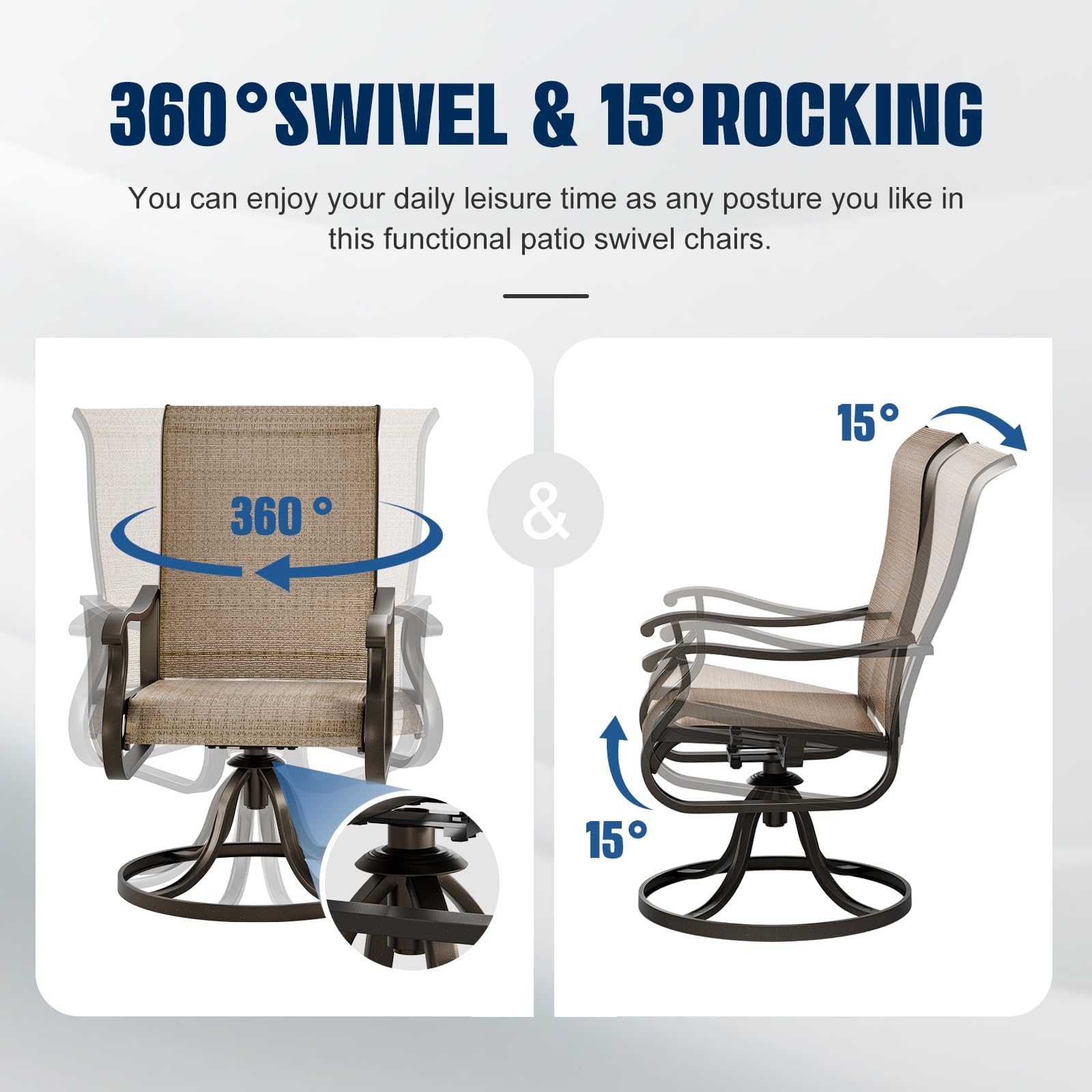 2 Pack UDPATIO Patio Swivel Dining Chairs - High Back Outdoor Chairs with All-Weather Breathable Textilene & Metal Rocking Frame - Perfect for Garden, Lawn, Deck, and Poolside Relaxation (Brown)