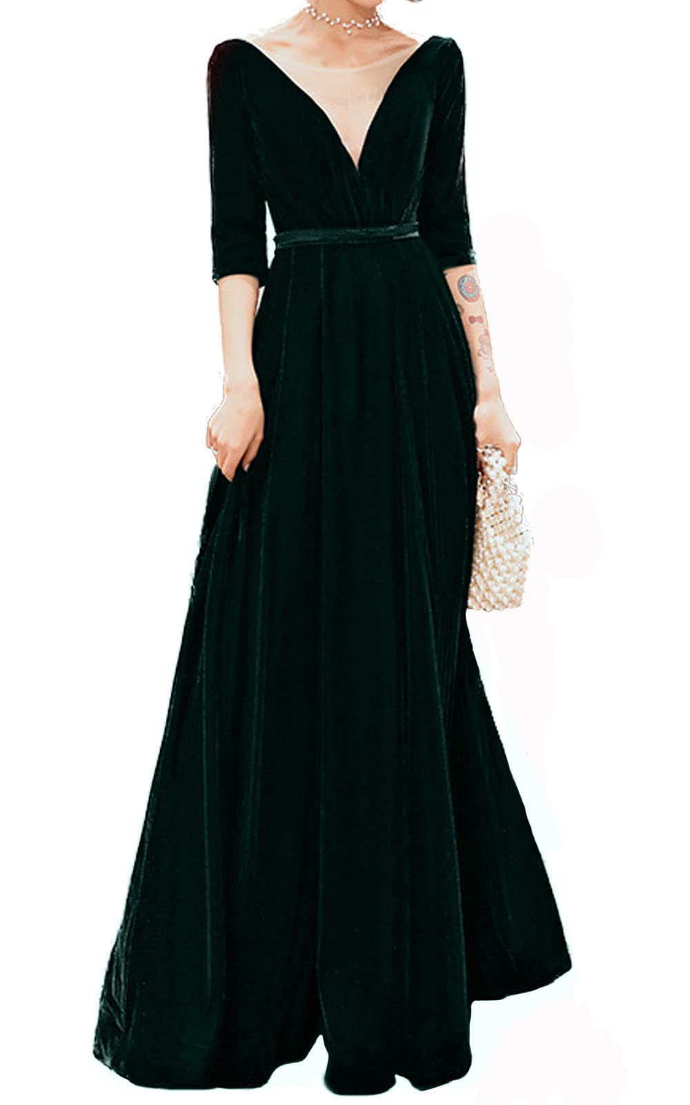 Monalia Women's Deep V-Neck Velvet Long A-Line Evening Prom Gown - Half Sleeve Formal Dress (Emerald Green, US Size 22W) for Parties, Weddings & Special Occasions