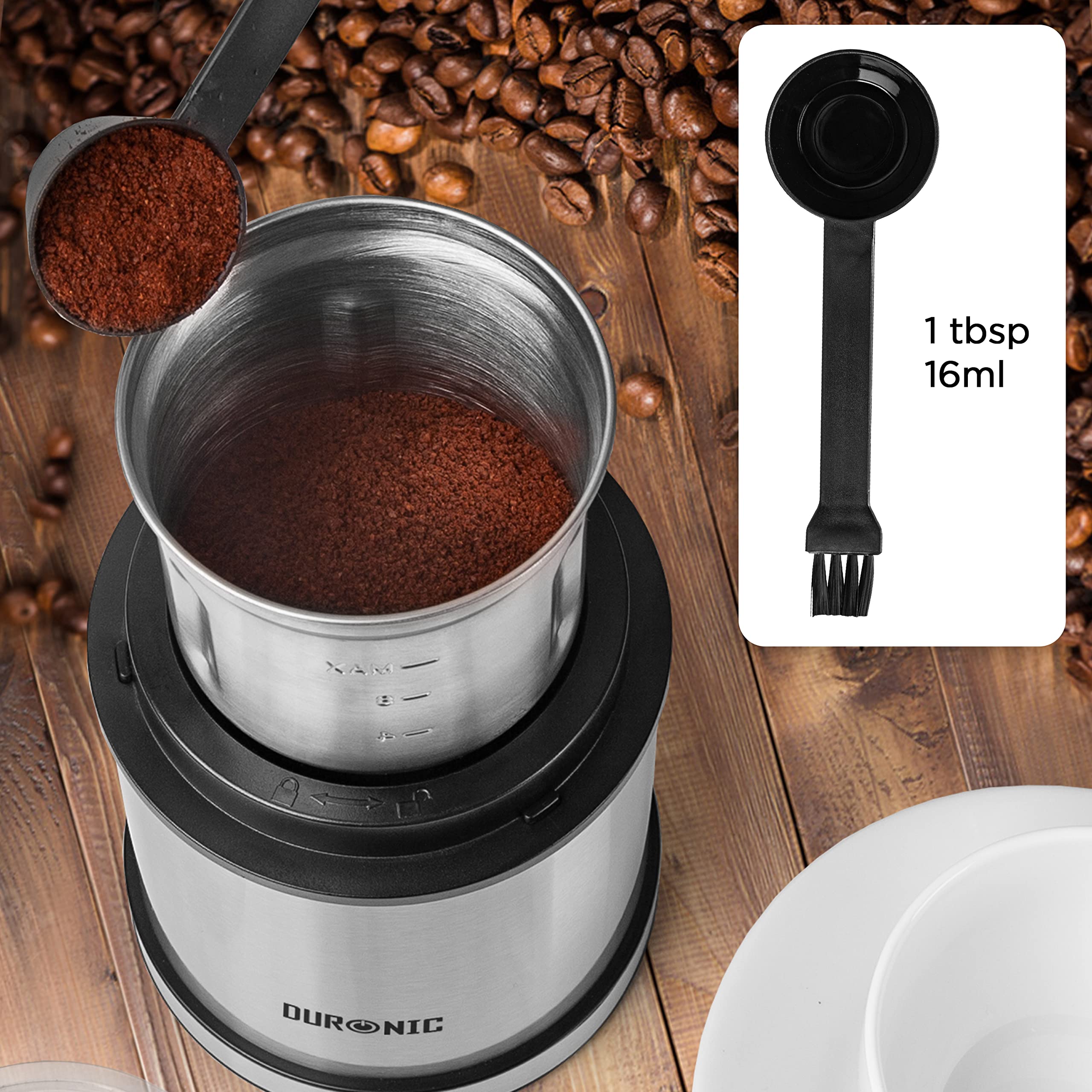 Duronic Electric Blade Coffee Grinder CG421 - 200W 2-in-1 Spice & Coffee Grinder with 75g/220ml Capacity, Stainless Steel Cups for Beans, Herbs, Nuts - Perfect for Home Kitchen, Coffee Shops & Camping Use