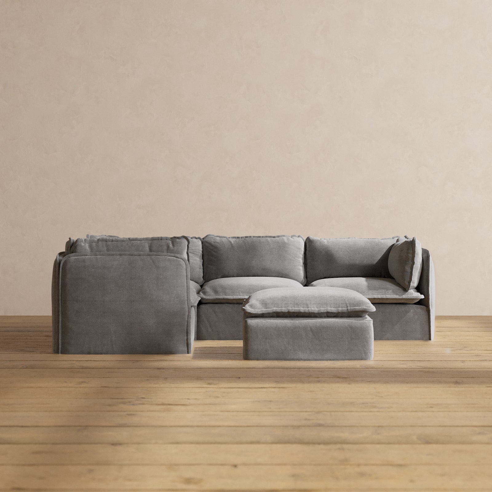 Premium Modular 4-Seater Corner Sectional Sofa with Ottoman in Ash Gray | Luxe Fabric Blend | Perfect for Living Room, Family Room & Home Theater Seating