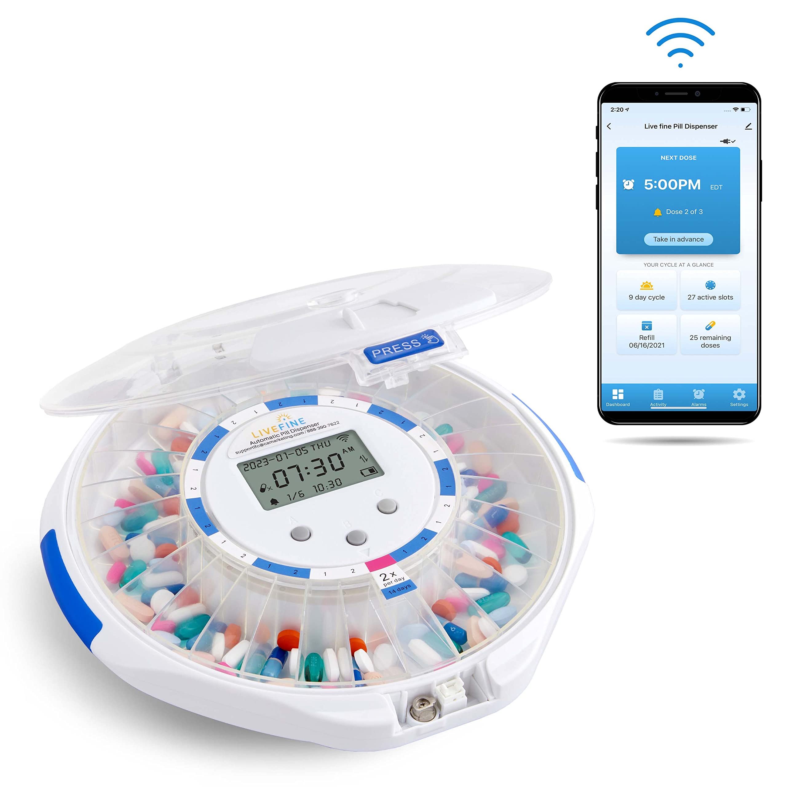 Smart WiFi Automatic Pill Dispenser with Clear Lid – 28-Day Medication Organizer, 9 Doses/Day, Lock Key, Light & Sound Alarms for Prescriptions & Vitamins – Ideal for Elderly Care, Travel, and Daily Medication Management