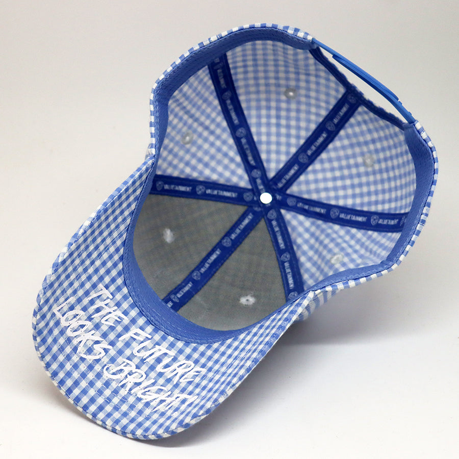 VT Shield Future Looks Bright Sky Blue Gingham Check Snapback Hat - Trendy Baseball Cap for Men & Women - Perfect for Outdoor Sports, Casual Wear and Street Fashion