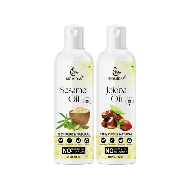 Biomidas 100% Pure Sesame Oil & Jojoba Oil Combo (100ML Each) - Natural Hair Growth Treatment for Thicker, Stronger Hair | Reduces Hair Fall & Split Ends | Promotes Soft, Shiny Hair | Perfect for Daily Scalp Massage & Deep Conditioning (Pack of 2)