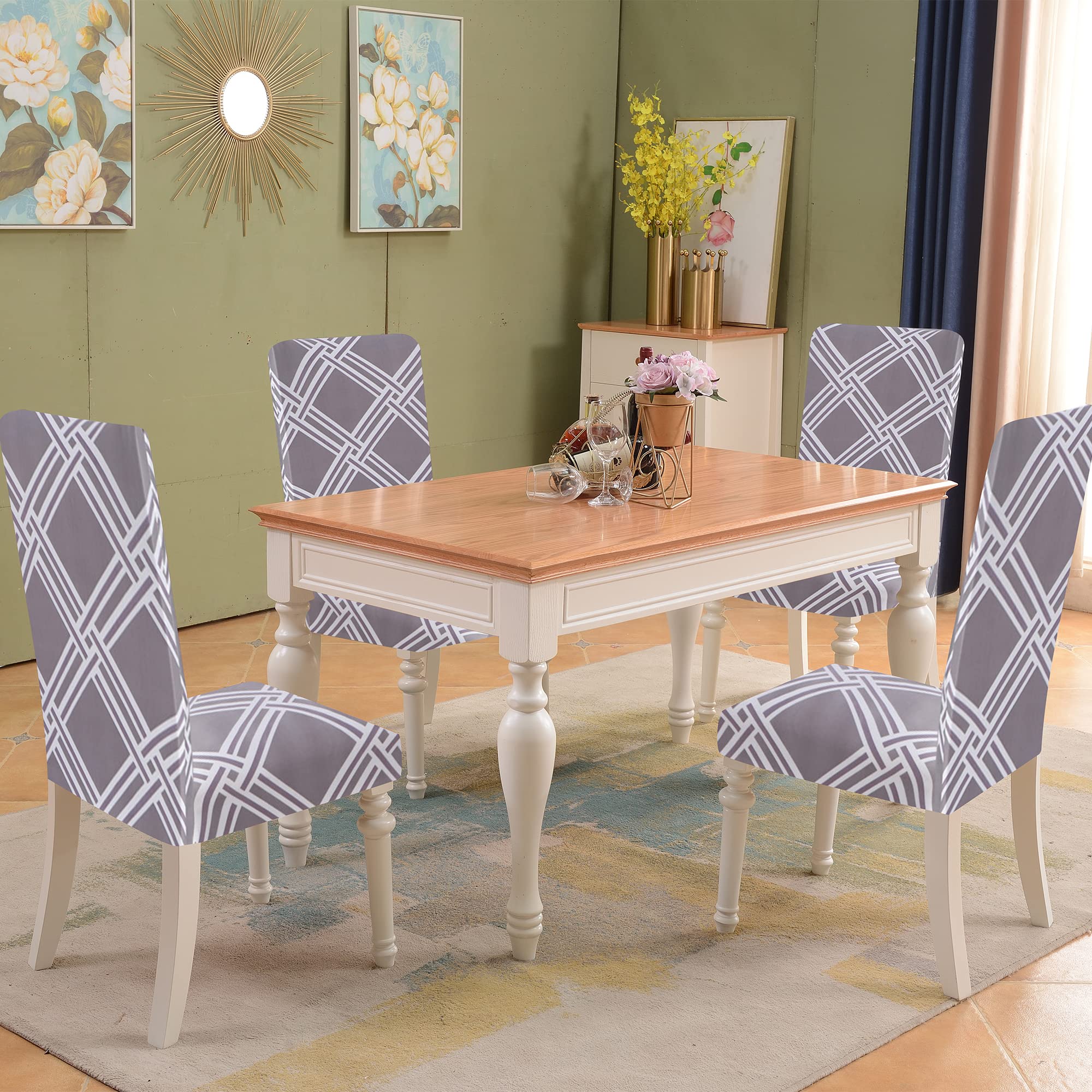 Stretchable Spandex Dining Chair Covers Set of 4 - Gray Diamond Pattern Slipcovers for Kitchen, Parsons & Dining Room Chairs | Washable Chair Protectors for Home, Restaurant & Office Use