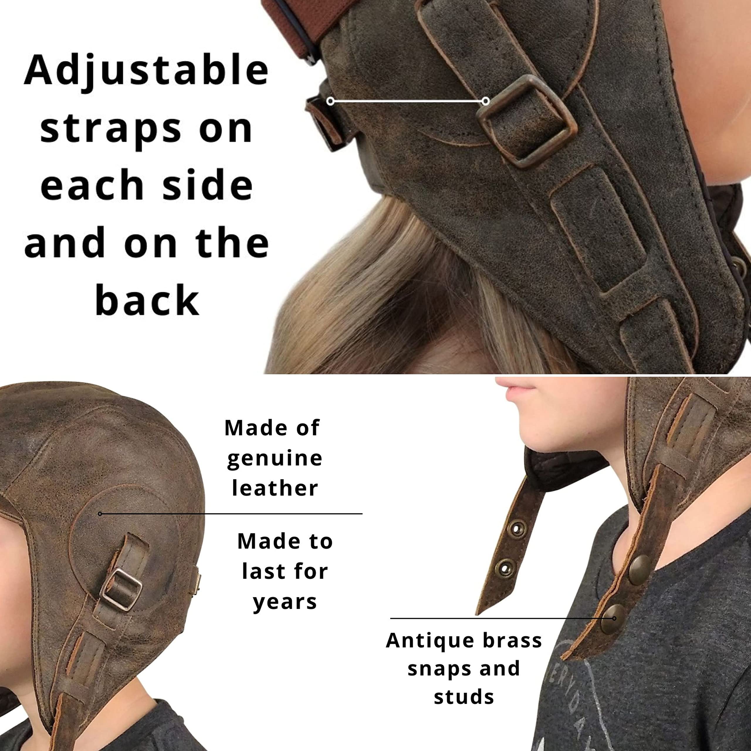 Kids Aviator Hat with Goggles - Genuine Brown Leather Pilot Cap for Boys & Girls - Adjustable XSmall Flying Helmet for Costume & Outdoor Play - Perfect for Halloween, Dress Up, and Aviation Themed Parties