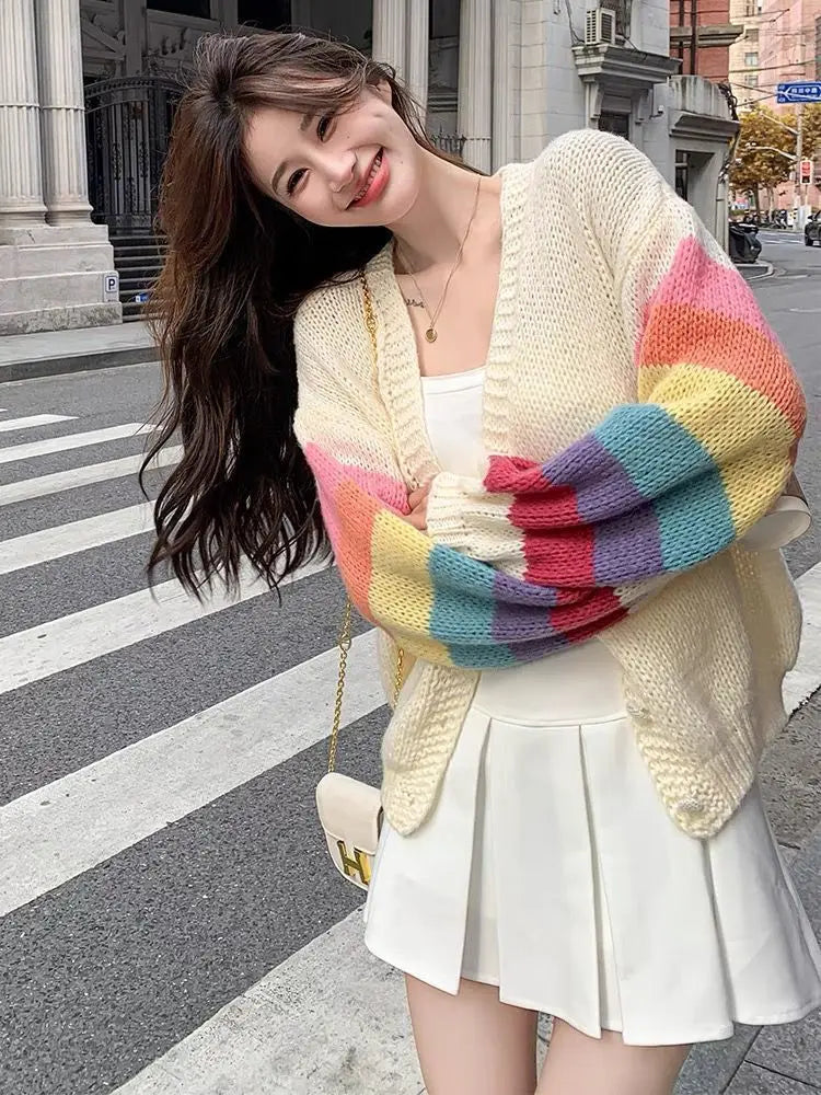 Rainbow Striped Knitted Cardigan for Women - Cozy Oversized Sweater for Fall & Winter - Perfect for Casual Wear, Office, and Date Nights