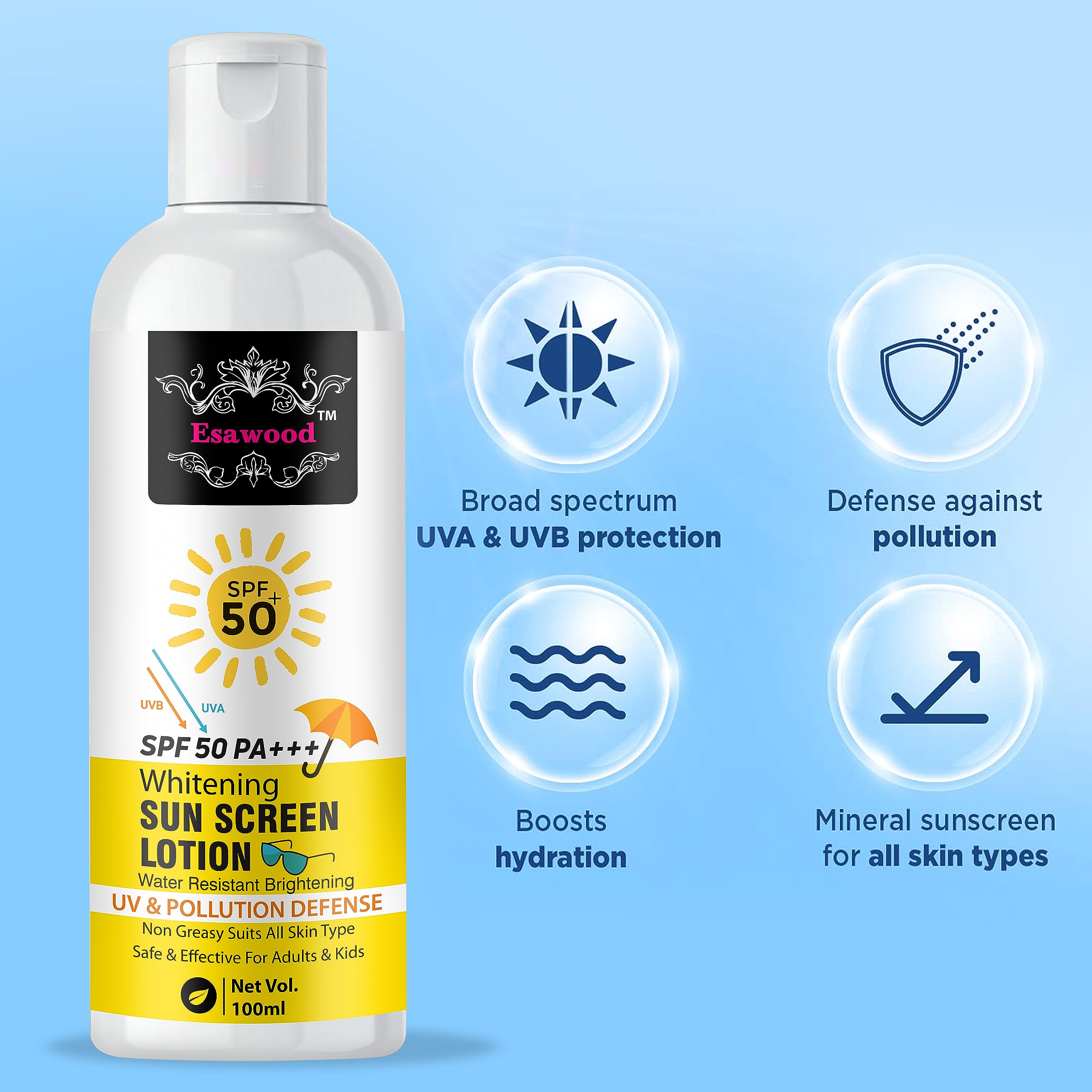 SPF 50+ Sunscreen Lotion for Face & Body - Broad Spectrum UVA/UVB Protection, Water Resistant, Non-Greasy Formula - Perfect for Beach, Swimming & Outdoor Activities