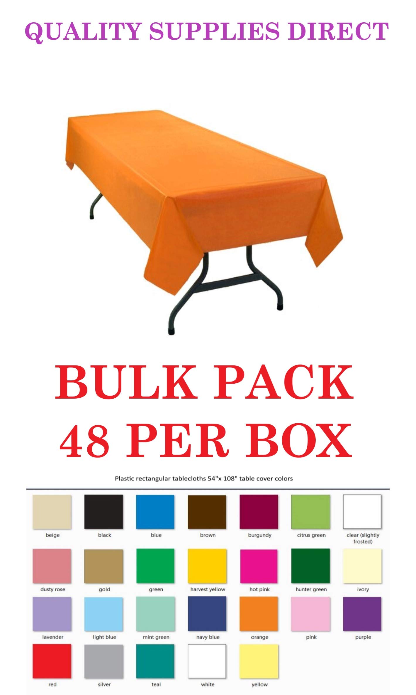 Disposable Plastic Tablecloth 48-Pack - 54x108 Inch Rectangle Tangerine Orange Table Covers for Parties, Picnics & Events | Waterproof & Easy Clean | by Quality Supplies Direct