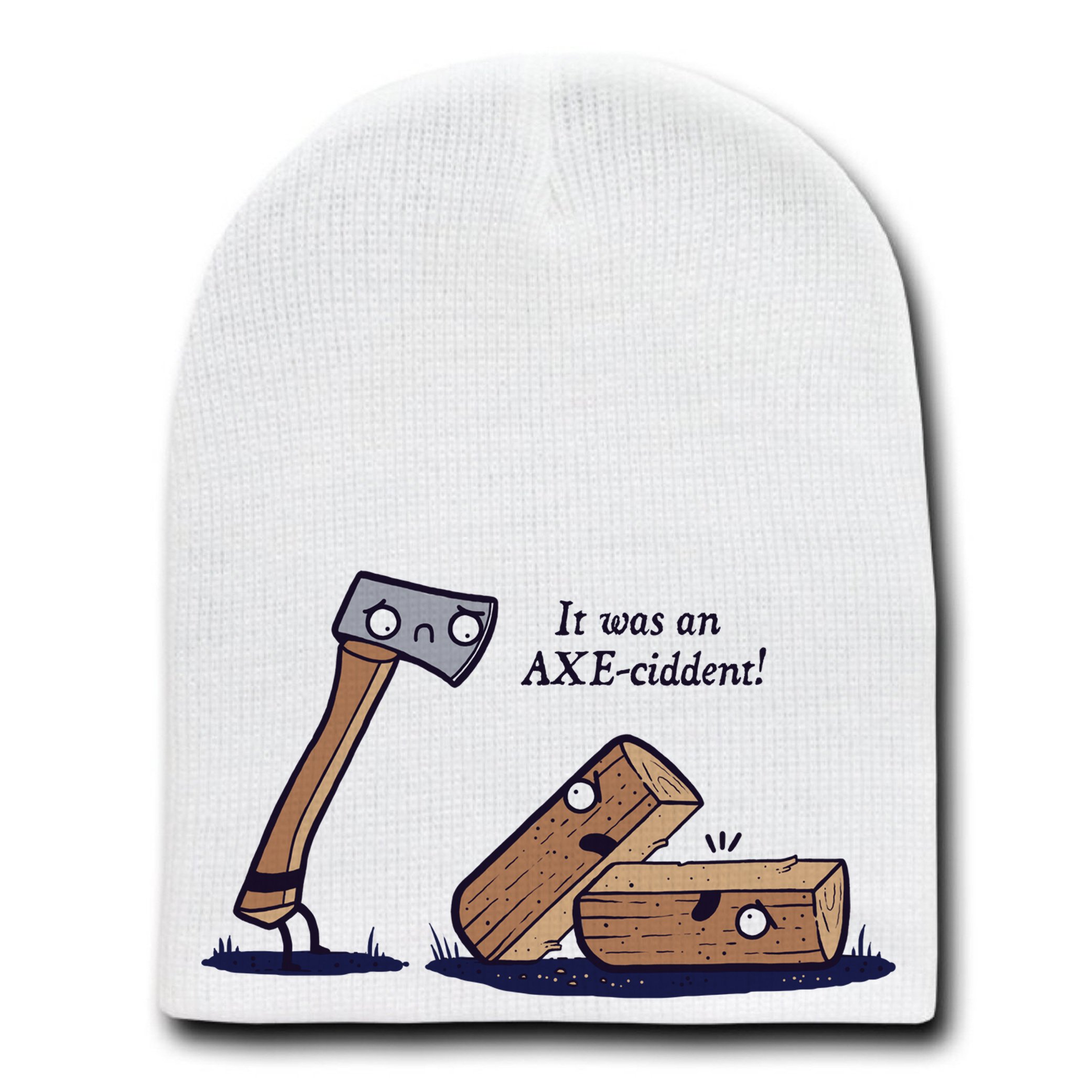 Axeciddent Pun Humor Cartoon Axe & Wood Design - White Skull Beanie Hat for Men & Women | Funny Winter Hat Gift for Outdoor Activities, Camping & Casual Wear
