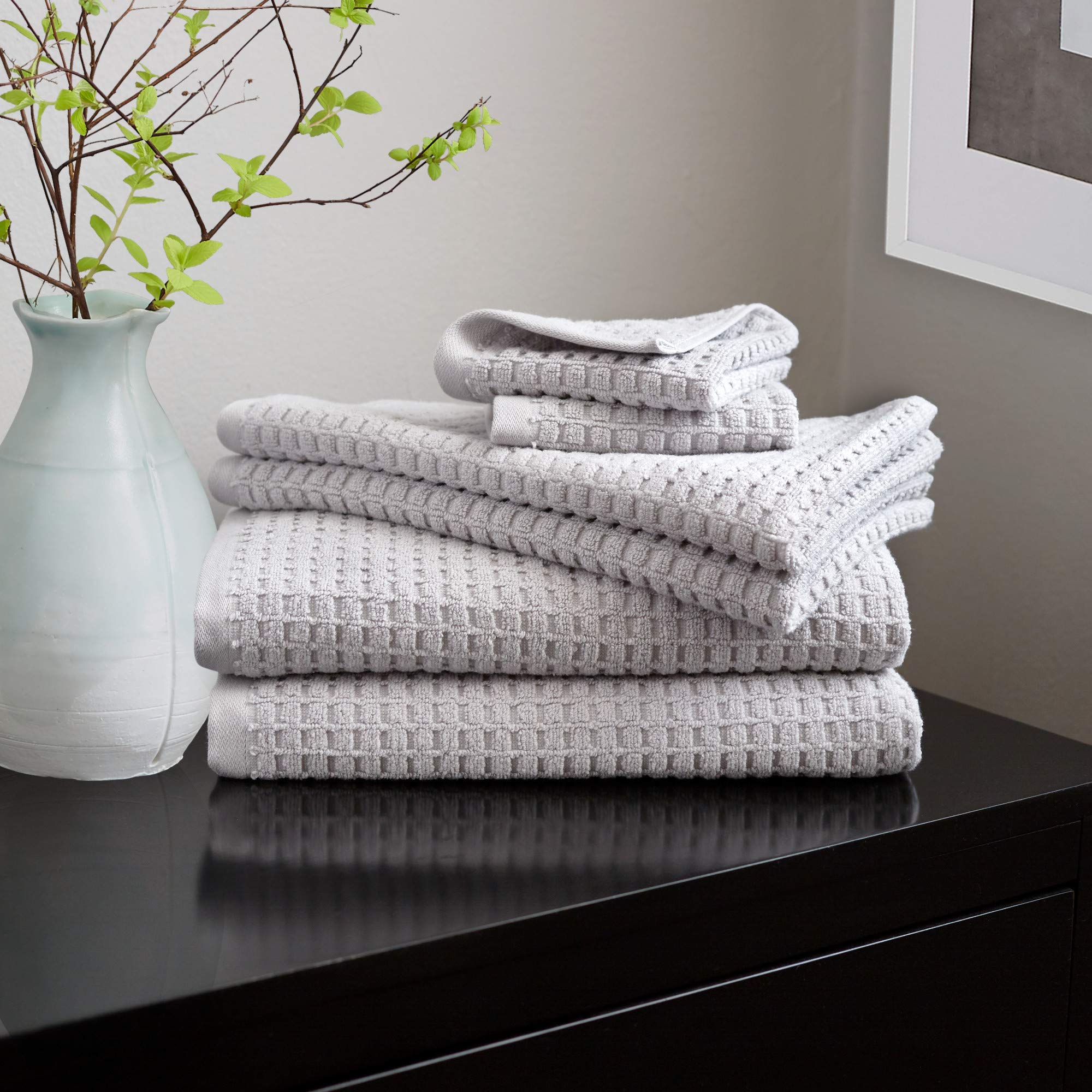 DKNY Quick Dry Cotton Towel Set - 2 Bath Towels, 2 Hand Towels, 2 Washcloths, Soft Absorbent Grey Bathroom Essentials for Spa, Gym & Travel