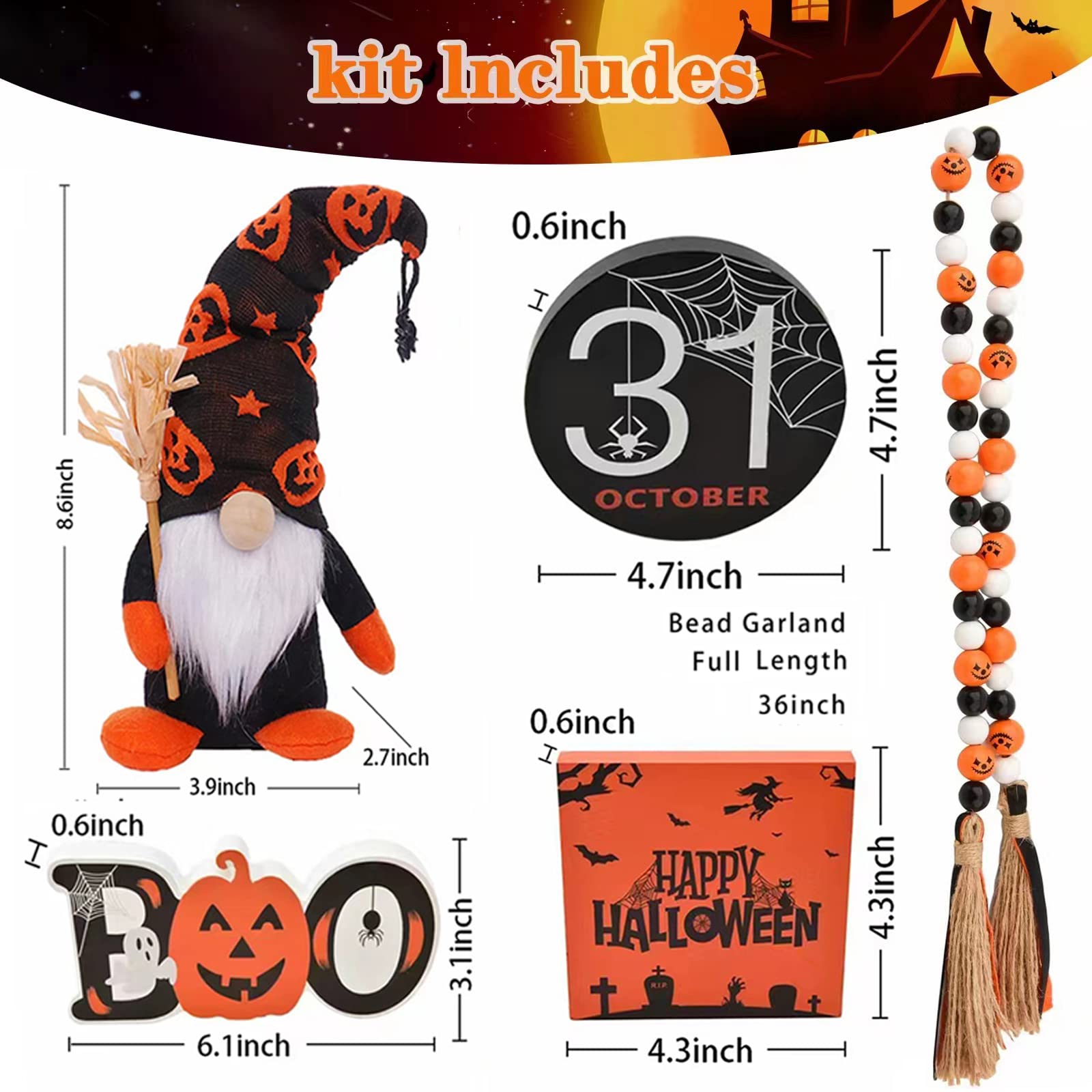 Halloween Tiered Tray Decor Set - Rustic Farmhouse Wooden Sign with Cute Gnomes, Plush & Bead Garland - Indoor Home Decor for Table, Desk, Room - Perfect for Fall Parties, Thanksgiving Centerpiece & Seasonal Home Styling