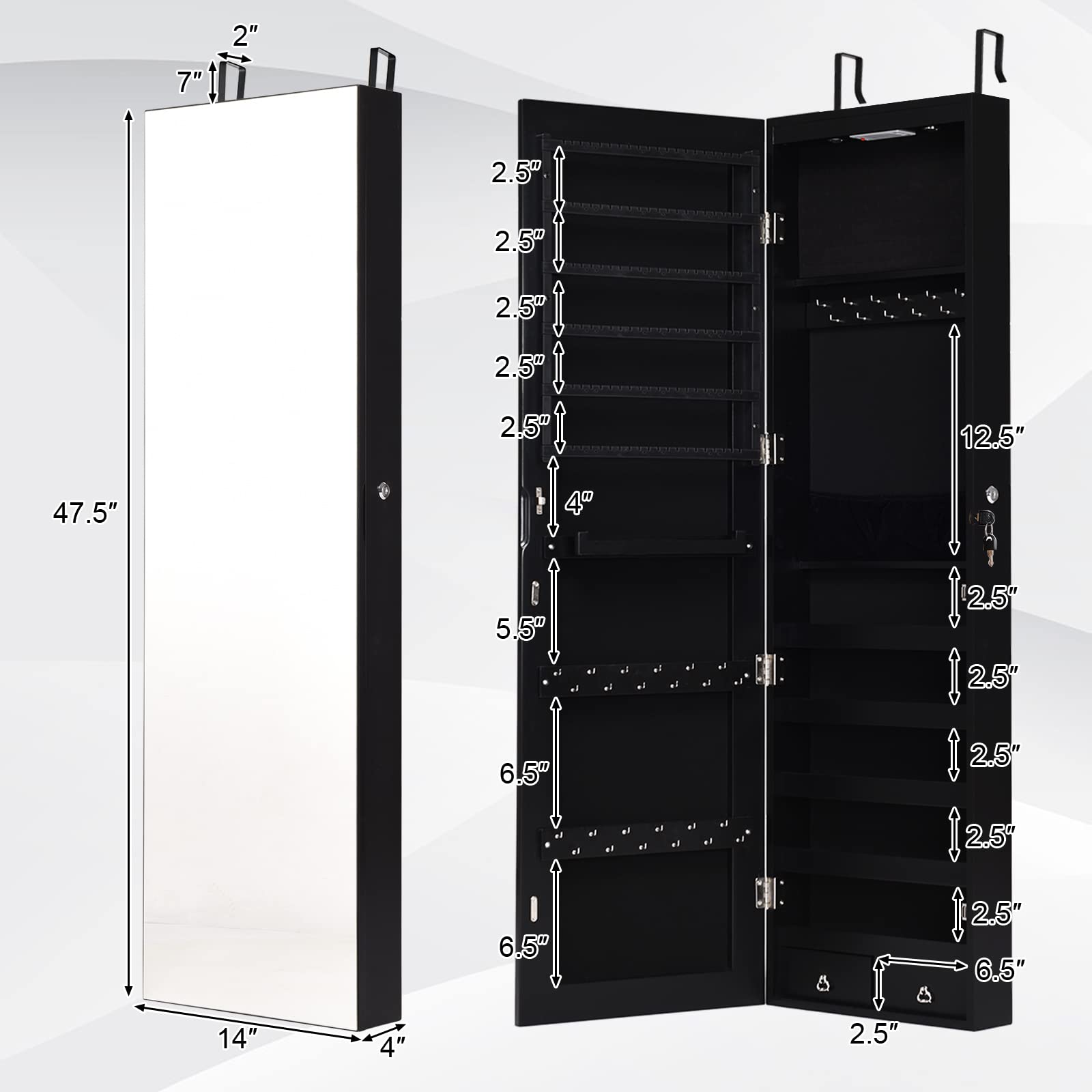 COSTWAY Hanging Jewelry Organizer with Full-Length Mirror & LED Lights - Wall Mount Jewelry Cabinet with Lock, Large Storage for Necklaces, Rings, Earrings - Perfect for Bedroom, Closet & Dressing Room (Black)