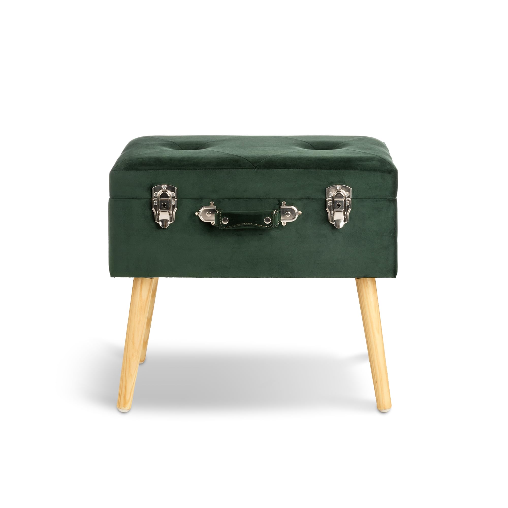 Glitzhome Velvet Storage Footstool - Upholstered Ottoman with Button Tufting & Wood Legs, Vanity Footrest Seat Stool for Living Room, Bedroom, Bedside - Dark Green | Perfect Makeup Stool, Decorative Suitcase Design for Home Décor & Comfort