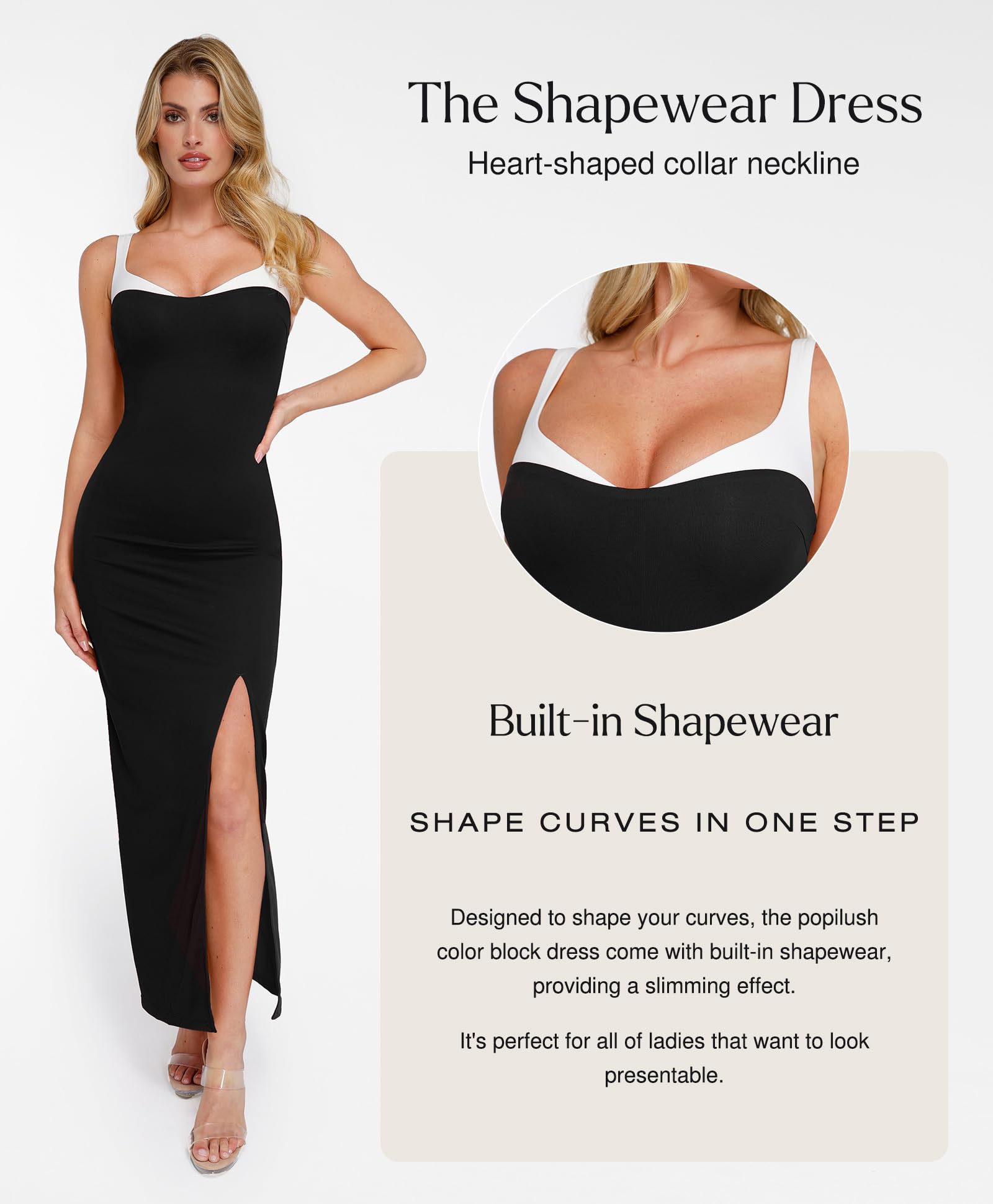Popilush Shapewear Dress with Built-in Bra - Slimming Formal Maxi Bodycon Dress with Contrast Trim for Cocktail Parties & Evening Events | Perfect for Weddings, Date Nights & Special Occasions