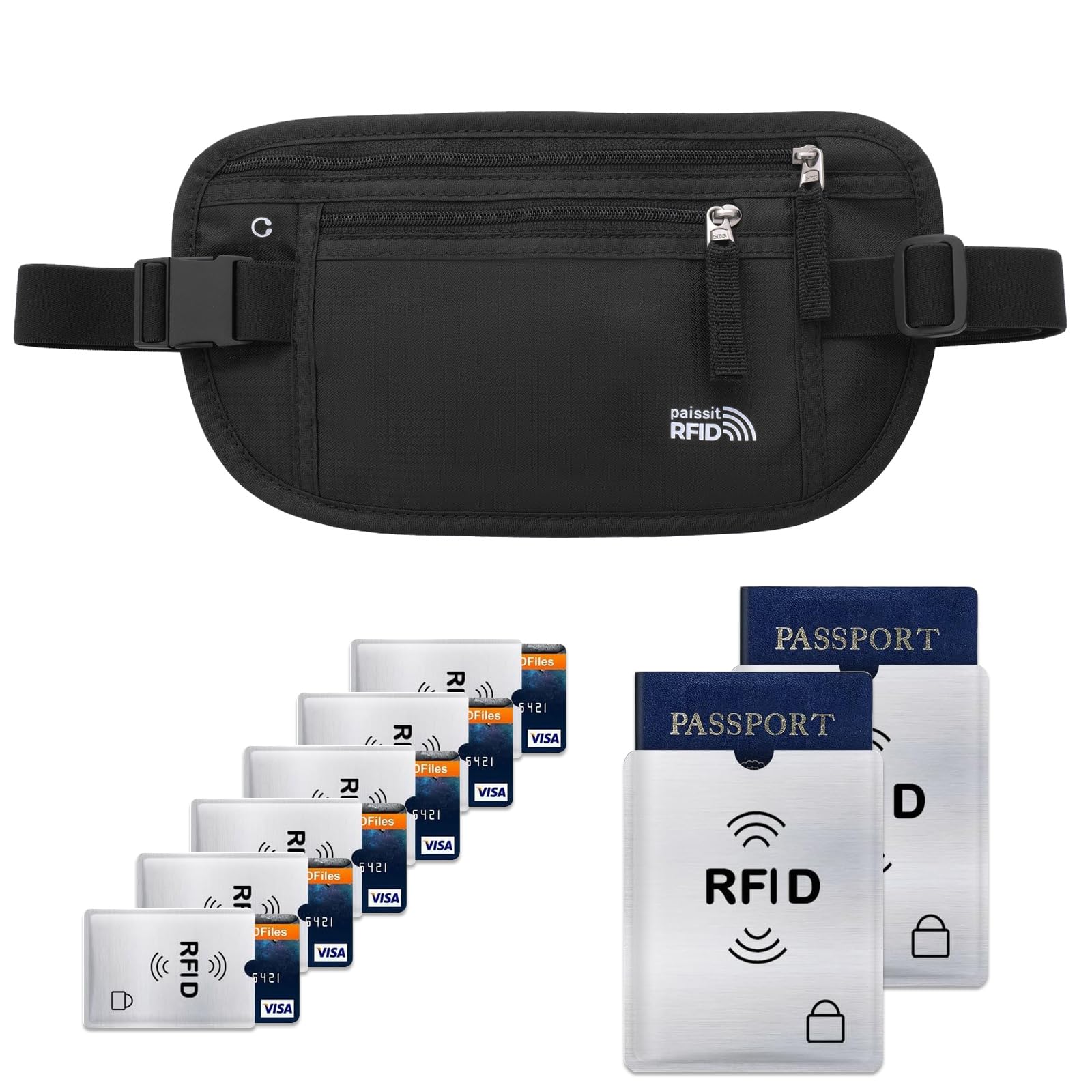 RFID Blocking Unisex Travel Money Belt - Slim Passport Holder & Adjustable Waist Pouch for Men & Women | Perfect for Workout, Running, Hiking & Travel | Black with 8 Card Sleeves