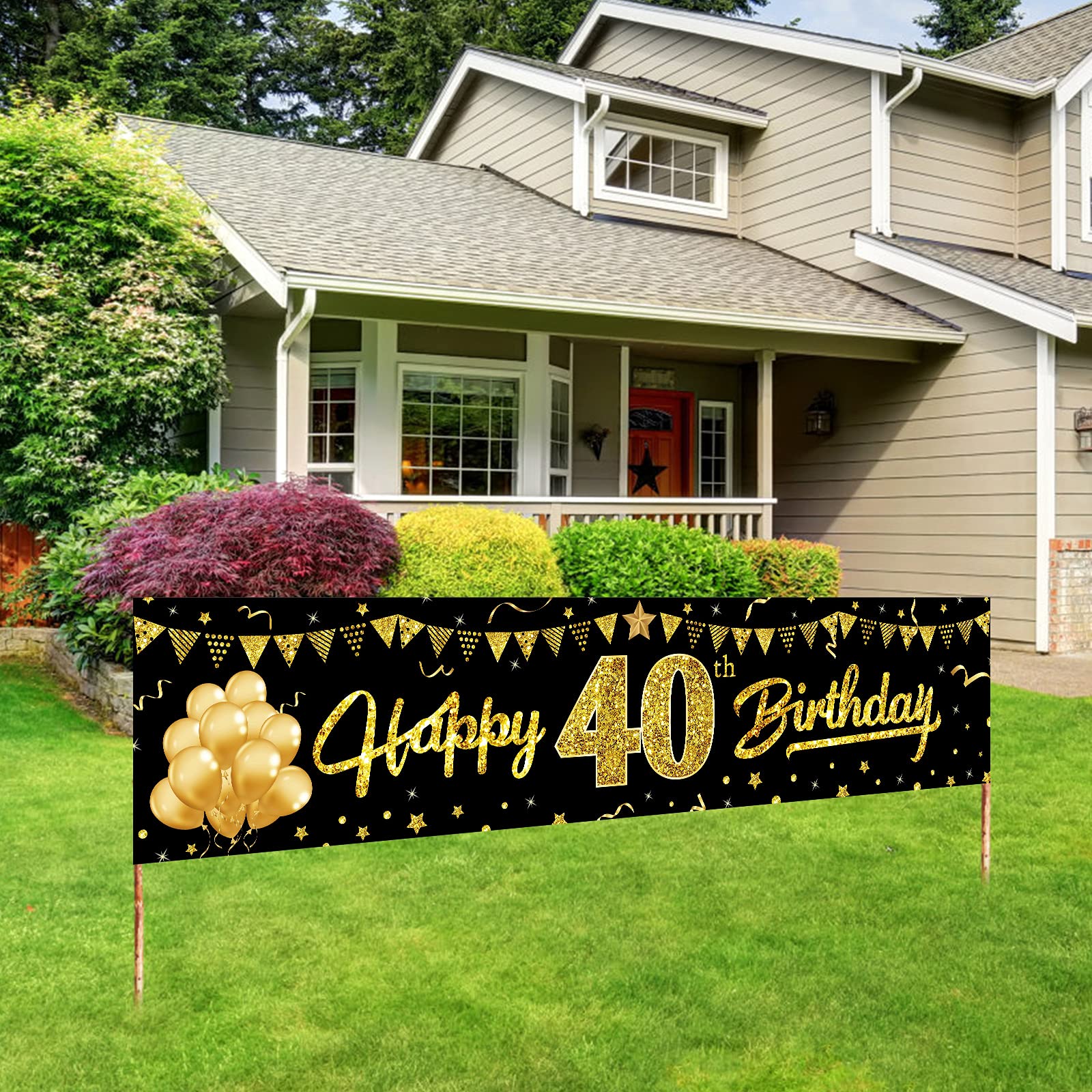 Black & Gold 40th Birthday Banner Decorations for Men & Women - Happy 40 Year Old Party Sign Supplies - Indoor/Outdoor Photo Props for Anniversary Celebrations, Milestone Parties & Decorative Backdrops