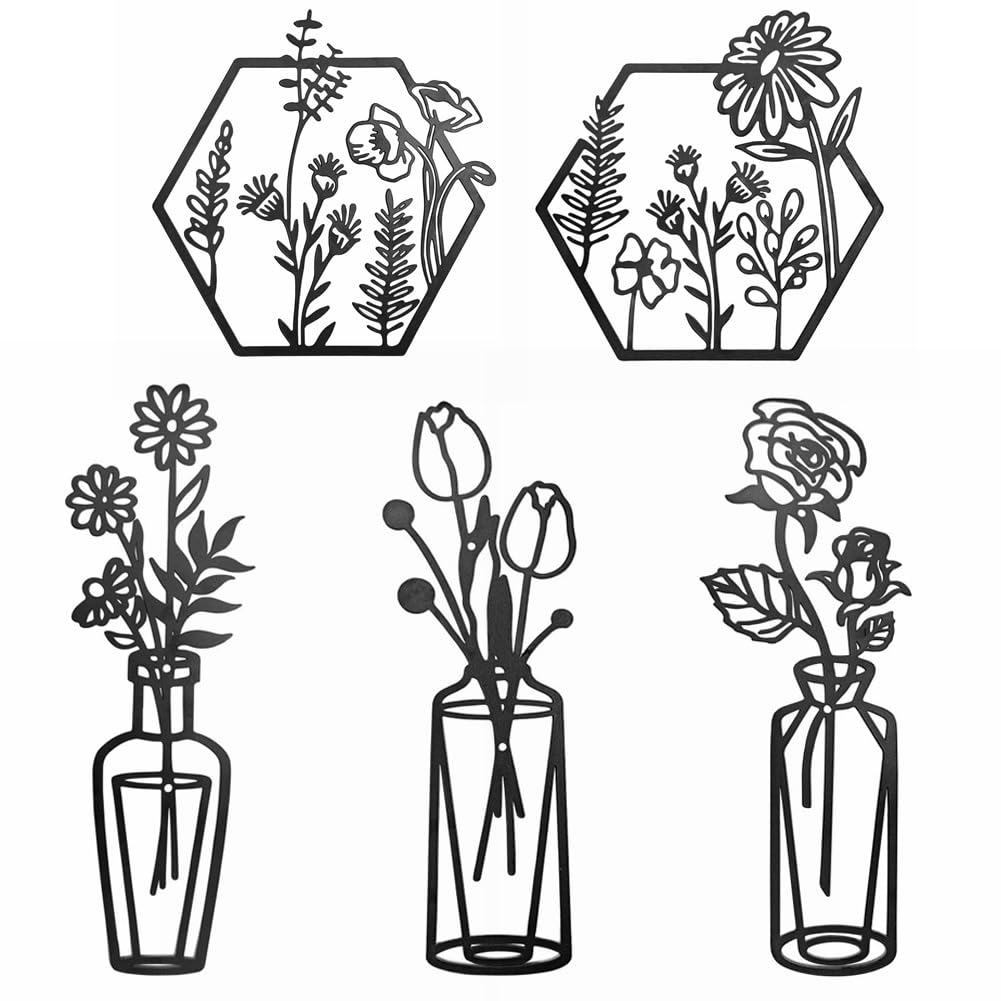 Large Metal Vase Wall Art - Modern Hanging Wall Sculpture Decor Set of 5 for Indoor Spaces | Perfect for Kitchen, Bathroom, Bedroom & Living Room Wall Decorations | Elegant Home & Office Interior Design Accent