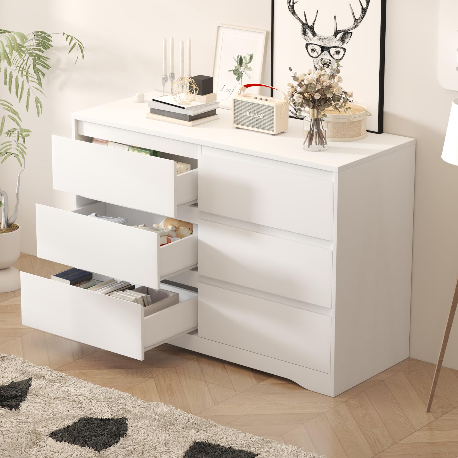 Greenvelly White Dresser with Deep Drawers - Modern 6-Drawer Wooden Chest for Bedroom & Nursery - Spacious Storage Dresser for Women & Family - Perfect for Organizing Clothes, Bedding & Home Decor