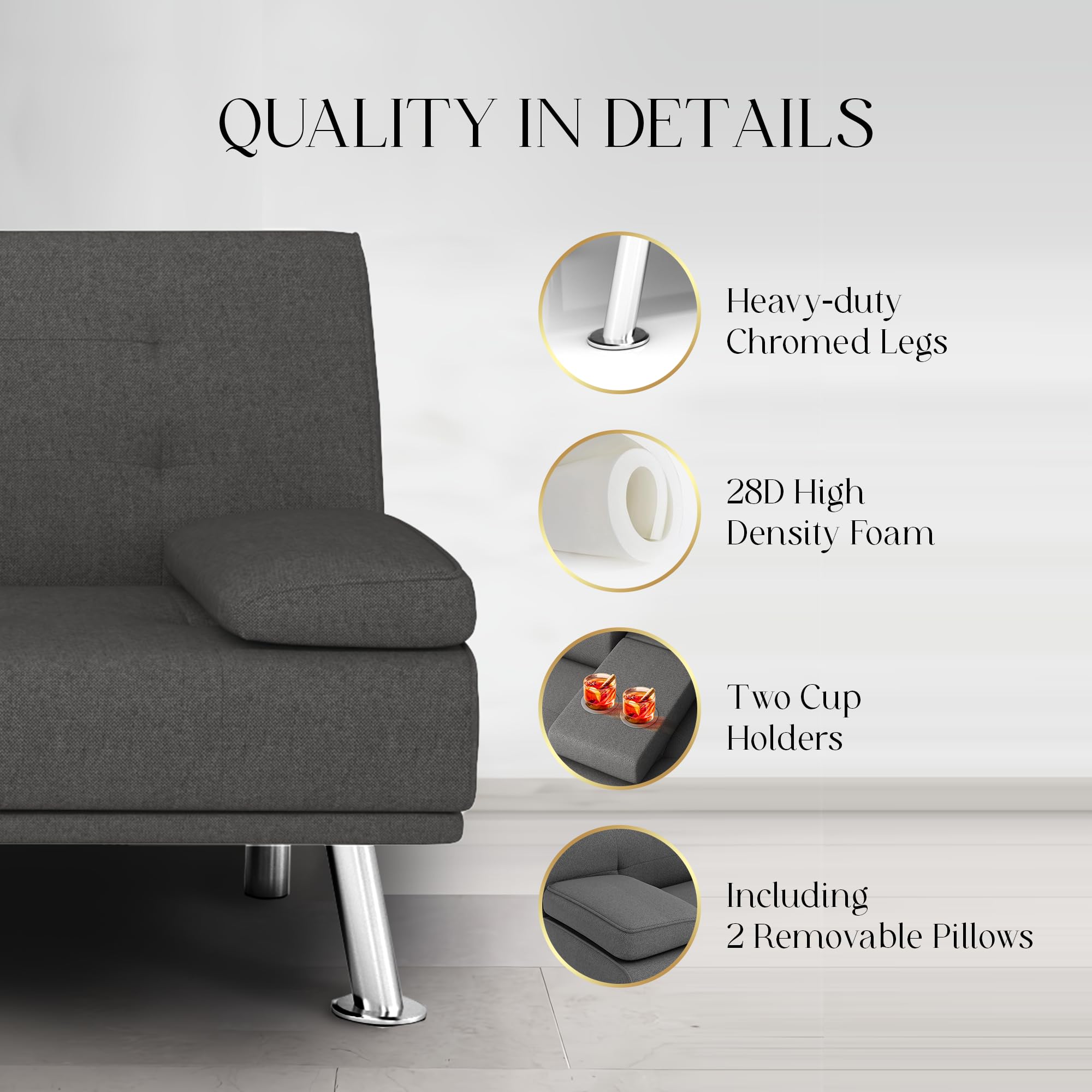 Yoyomax Convertible Linen Fabric Sofa Bed - Foldable Futon Couch for Small Spaces, Dorm Rooms, RVs & Home Offices (Grey) | Perfect for Guest Beds, Studio Apartments & Multi-Functional Living Spaces