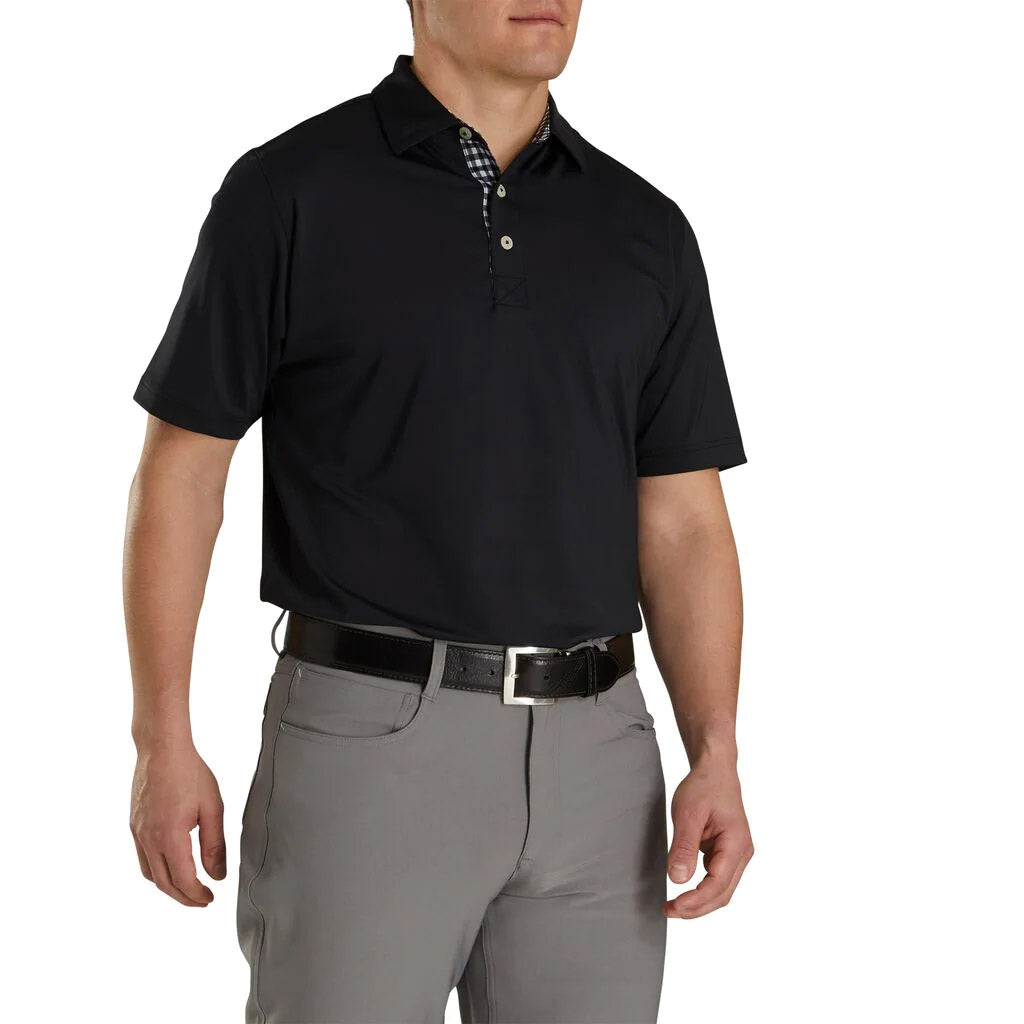 FootJoy Athletic Fit Lisle Solid Gingham Trim Self Collar Black Men's Golf Polo Shirt - Moisture Wicking & UV Protection for Golf & Outdoor Sports